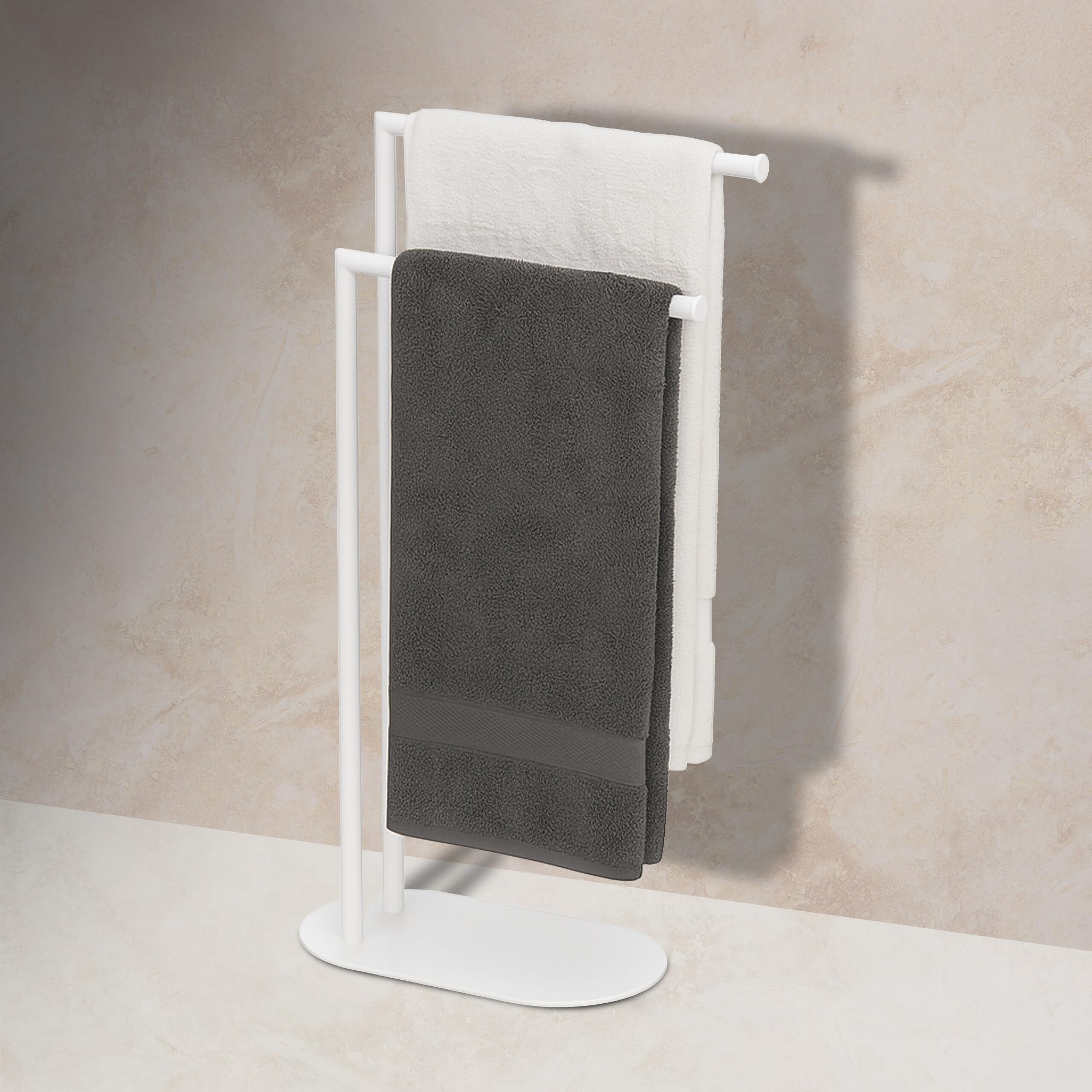 Toallero Relaxdays, HxBxT: 78,5 x 38,5 x 17 cm, Metal, 2 Barras Ajustables, toallero de pie, Blanco