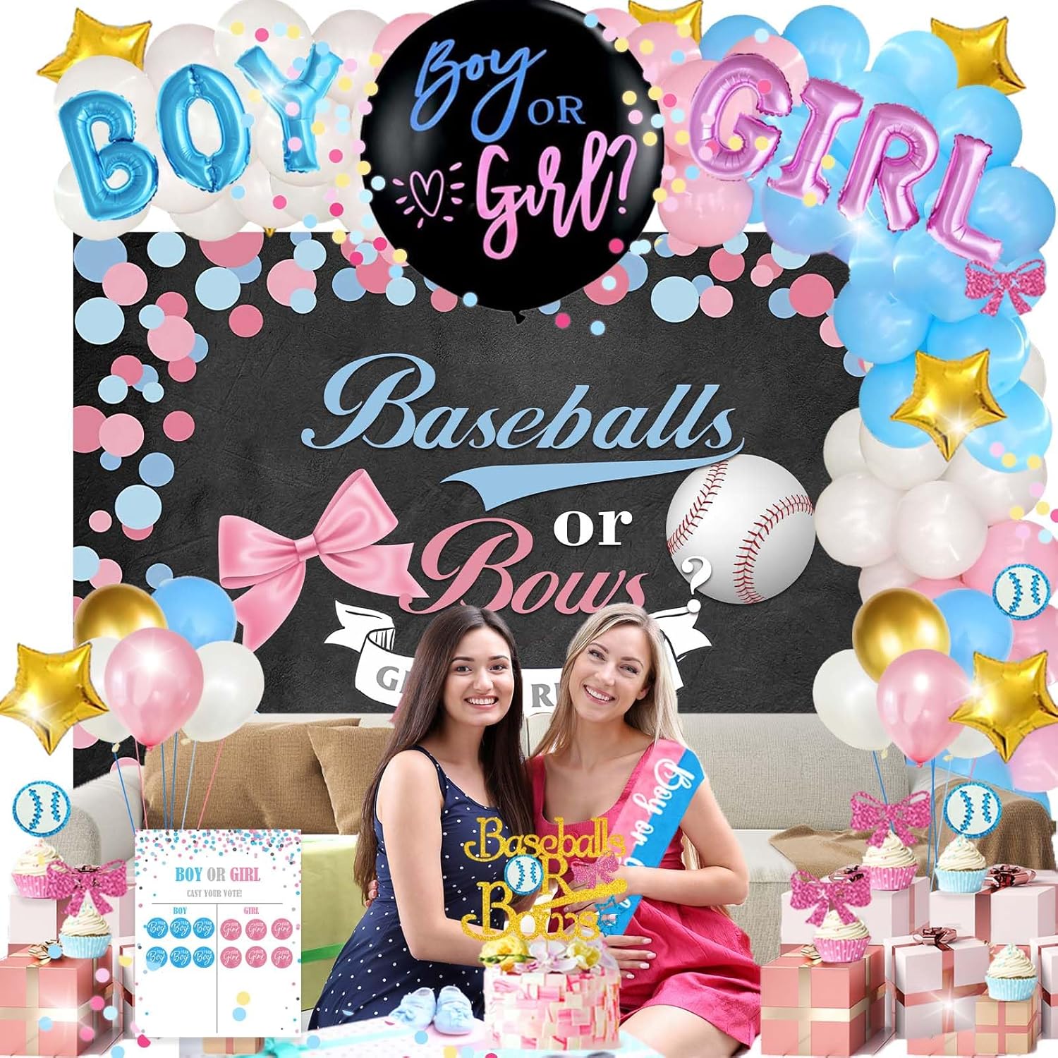 Baseball or Bows Gender Reveal Decorations, 171 PCs Boy or Girl Gender Reveal Decorations Backdrop Balloon Garland Banner Tablecloth Cake Cupcake Topper Box Cutout Poster Sash Pink Blue