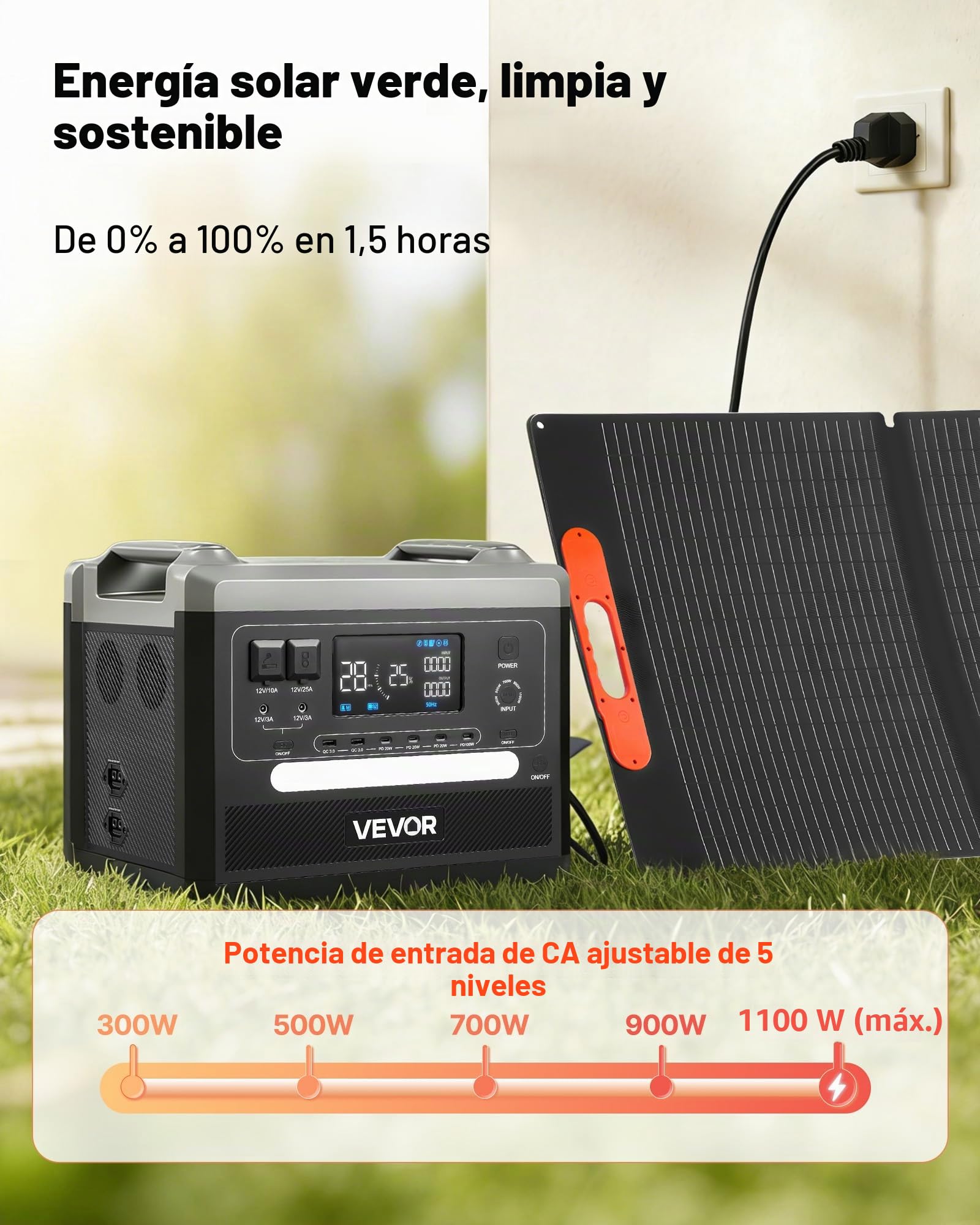 VEVOR Estación de Energía Portátil 2160 Wh y 2400 W, Panel Solar Plegable de 200 W para Camping y Autocaravanas, 10 Puertos de Salida, con 5 Niveles de Potencia Seleccionables de 300 W a 1100 W