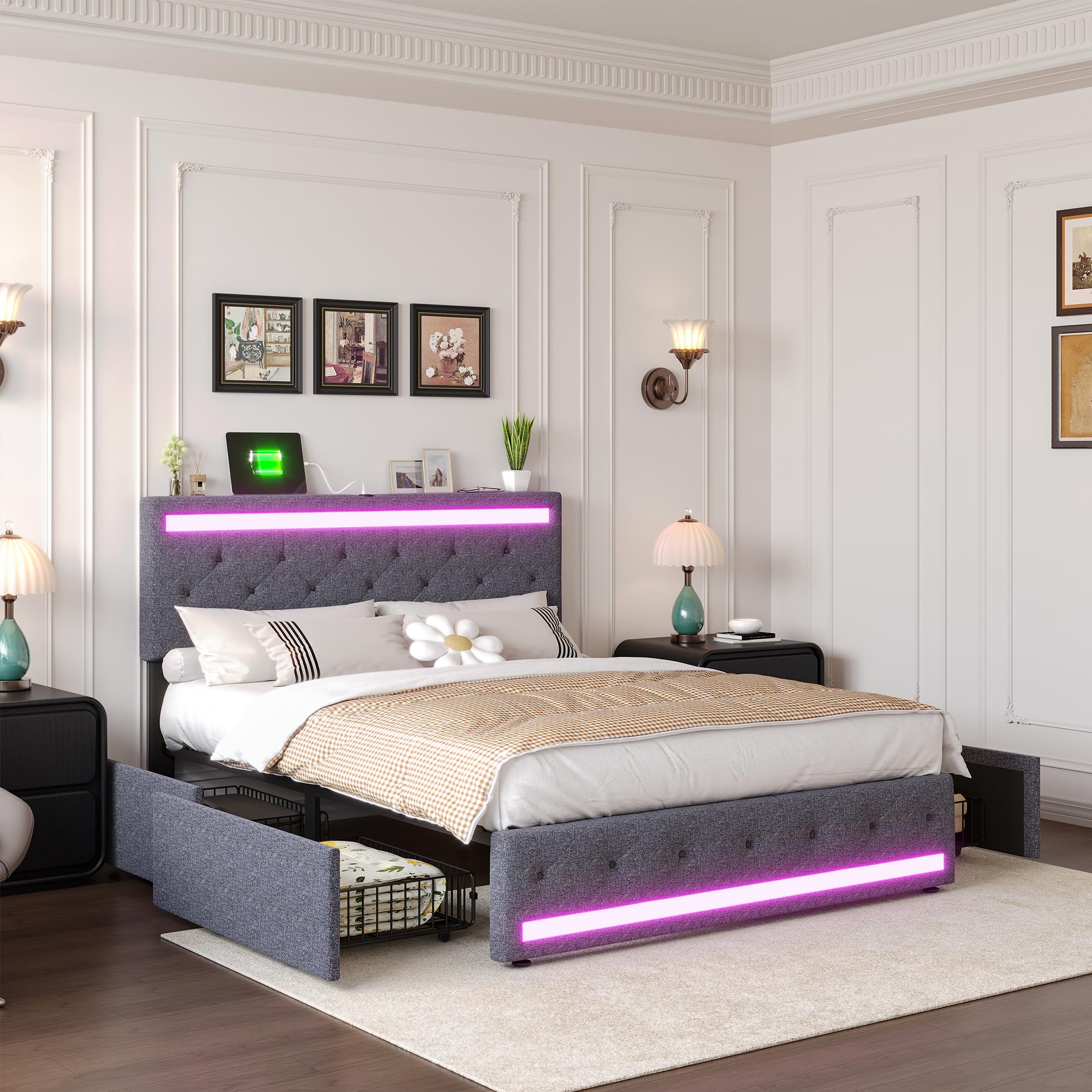 Cama de Matrimonio con Almacenamiento y led, cama Tapizada 160x200 luces led y Cargador Cama con usb y luz led Cama160x200 con 4 Cajones de Almacenamiento, Sin Colchón (A Gris oscuro, 160x200 cm)