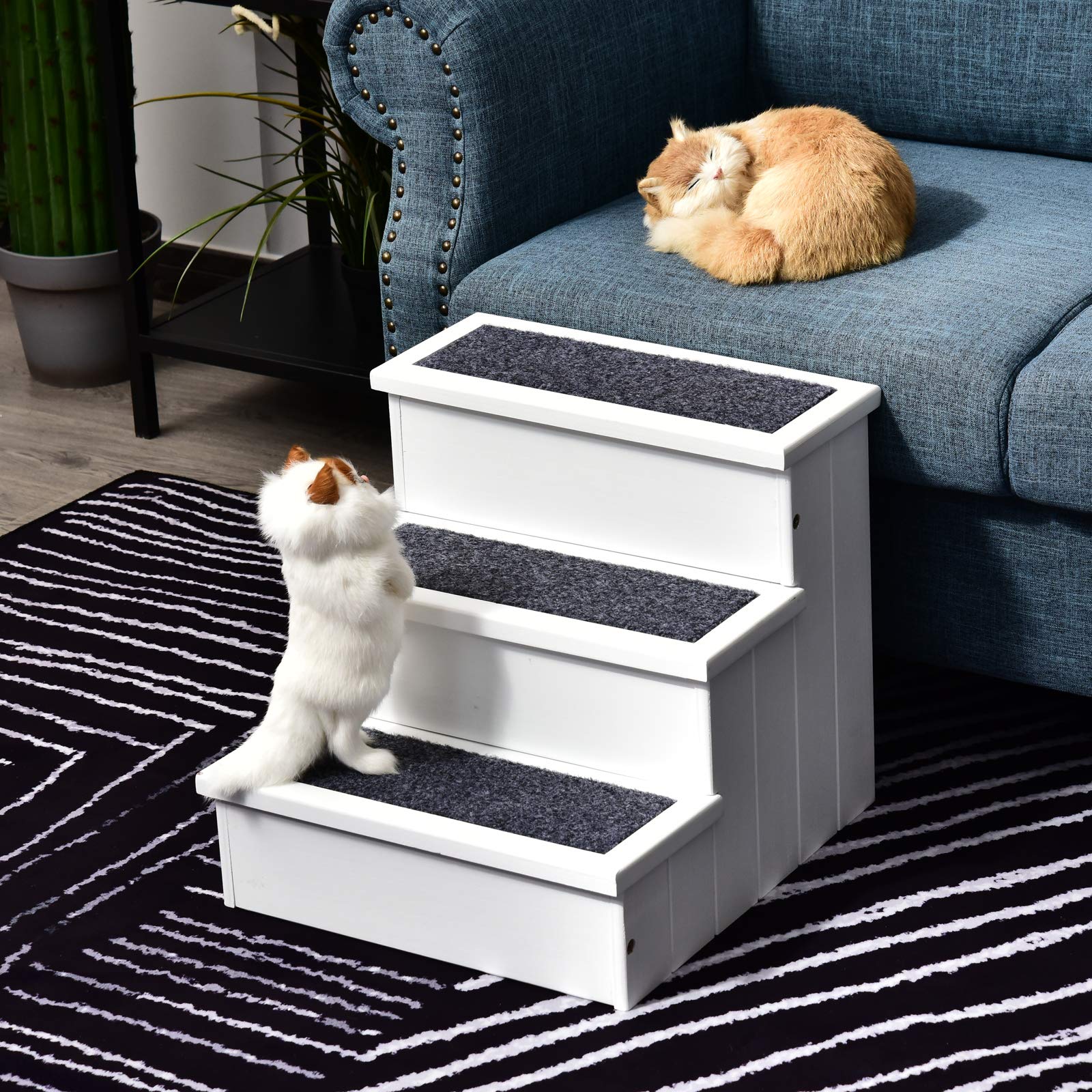PawHut Hundetreppe 3 Stufen Katzentreppe Haustiertreppe Hundetreppe für Hunde und Katzen Tiertreppe Einstiegshilfe mit Teppich Stauraum für Sofa Bett Tannenholz Weiß 40,5 x 44,5 x 38 cm