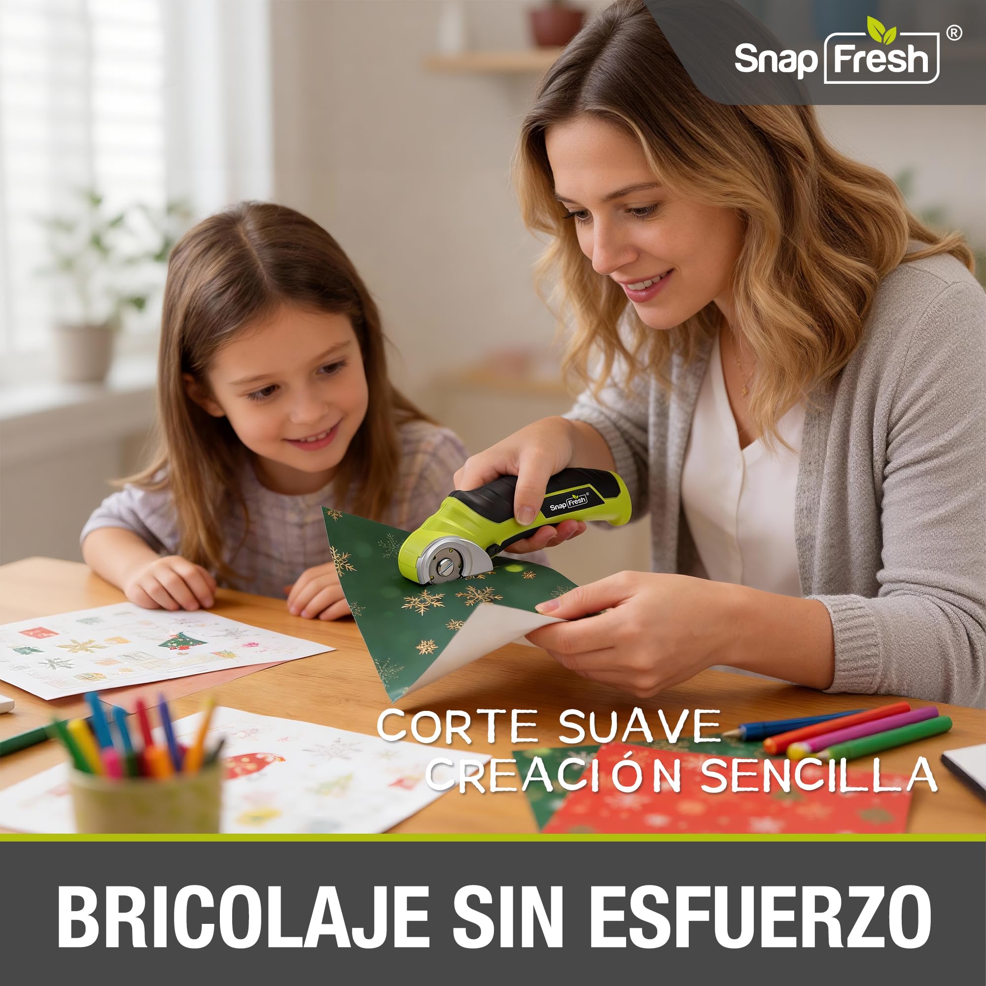 SnapFresh Tijera Eléctrica Inalámbricas 4V, Cortador de Cartón con 2 Cuchillas Autoafilables, Carga USB-C, Adecuada para Cartón, Papel, Alfombra, Cuero, Plástico y Embalajes