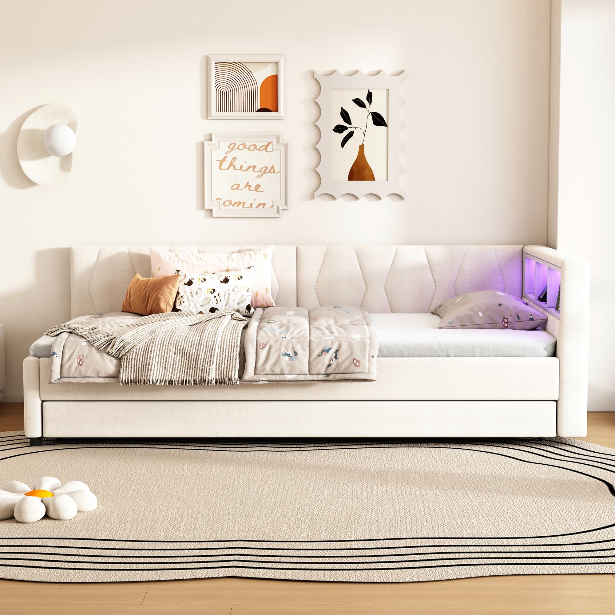 Divano Letto 90x200 Bed Vano Portaoggetti Laterale Rivestimento in Lino Letto Estraibile Seconda Superficie Estraibile Superficie Ausiliaria Scorrevole sotto il Telaio Camera