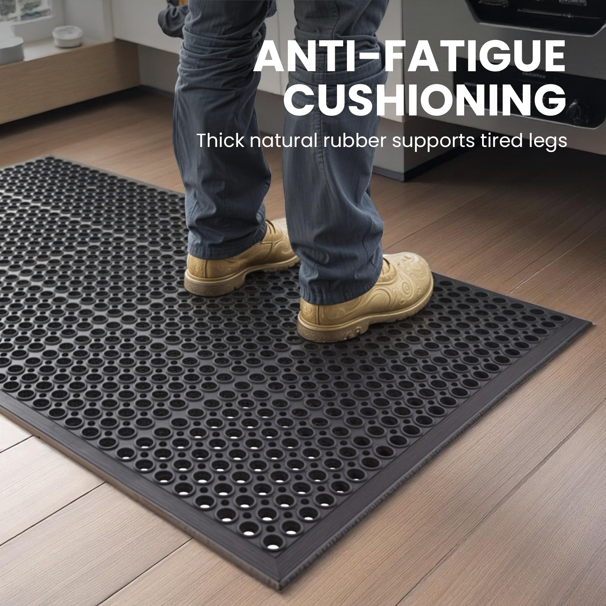 Alfombrilla de goma antifatiga, 12 mm de grosor, 150 x 90 cm, antideslizante, para cocina, garaje, taller o uso comercial, tapete cómodo y lavable