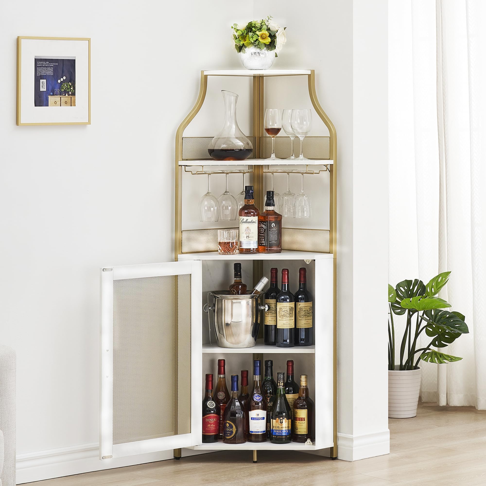GarveeLife Armoire à Vin d'angle avec Casier à Bouteilles Amovible, Armoire Bar d'angle à 5 Niveaux avec Porte Coulissante Et Porte-Verres, Buffet De Style Fermier Et Bar d'Intérieur, Brun Rustique