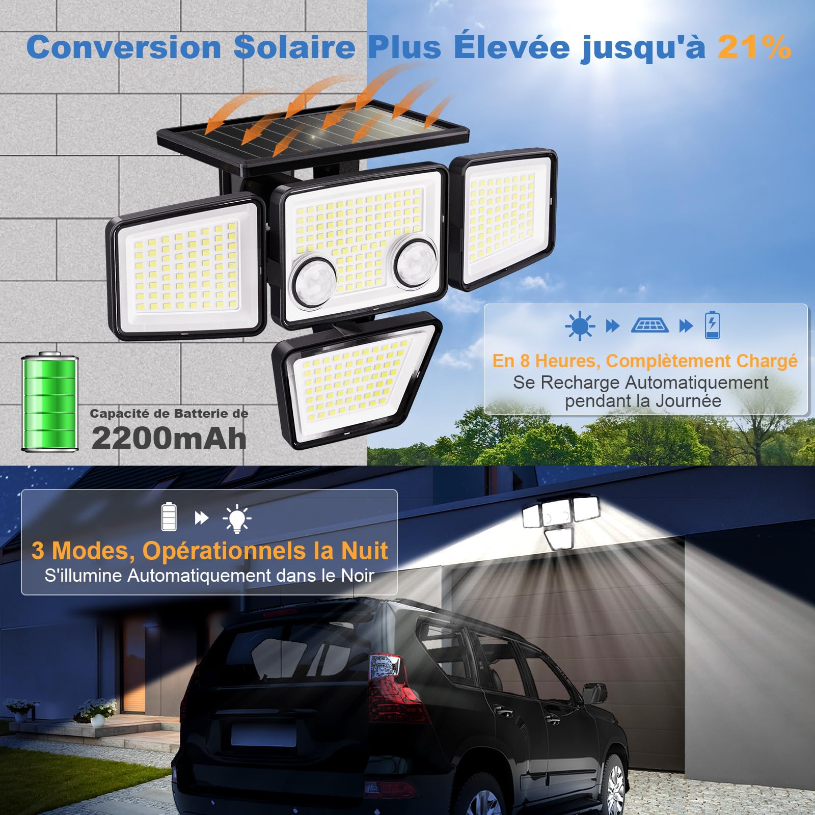 K KASONIC Lampes Extérieures Solaires à Double Capteur, 2500LM Projecteurs Extérieurs avec Télécommande, 6500K Lampes Solaires, Lot de 2 Solaires de Sécurité à Détecteur de Mouvement Imperméables