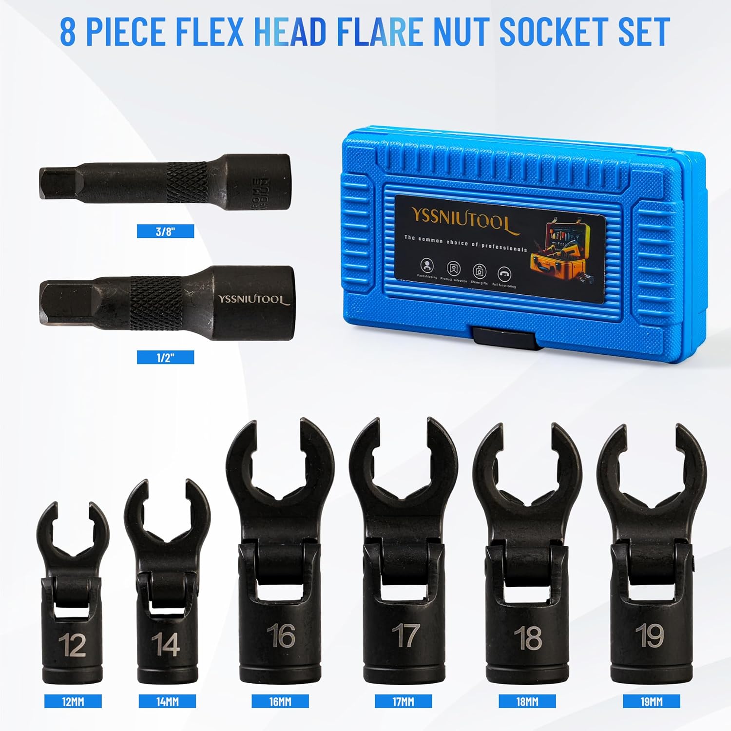 8pc 3/8" and 1/2" Flex Head Crows Flare Nut Wrench Socket Foot Line Wrench kit Set Flex Injector Fuel Line Crowfoot Flare Nut Size 12 14 16 17 18 19 mm Extension Bar