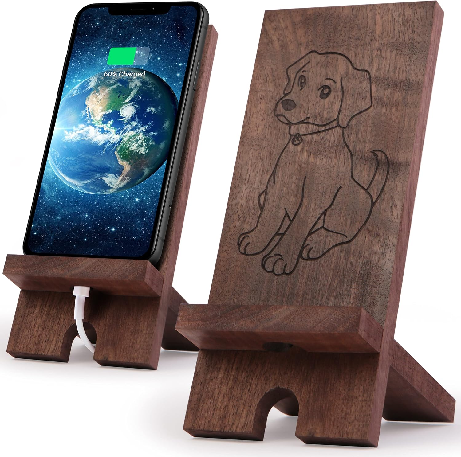 Wooden Cell Phone Stand - Cute Dog Phone Holder for Desk - Handmade Walnut Eco-Friendly Stand Compatible with All Phone and Tablet