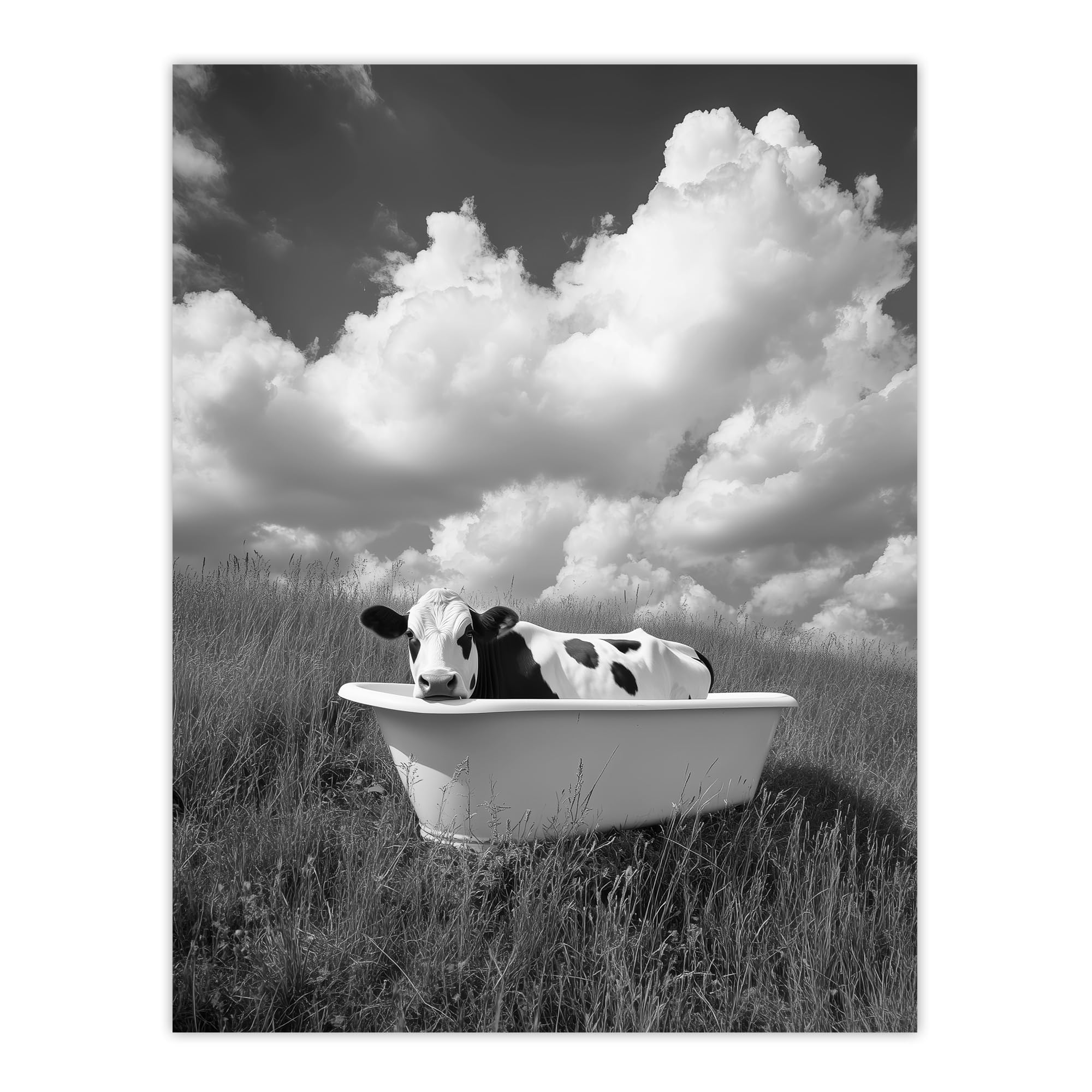 Artery8 Cow In Bathtub in a Field Black White Surreal Bathroom Toilet Extra Large XL Wall Art Poster Print