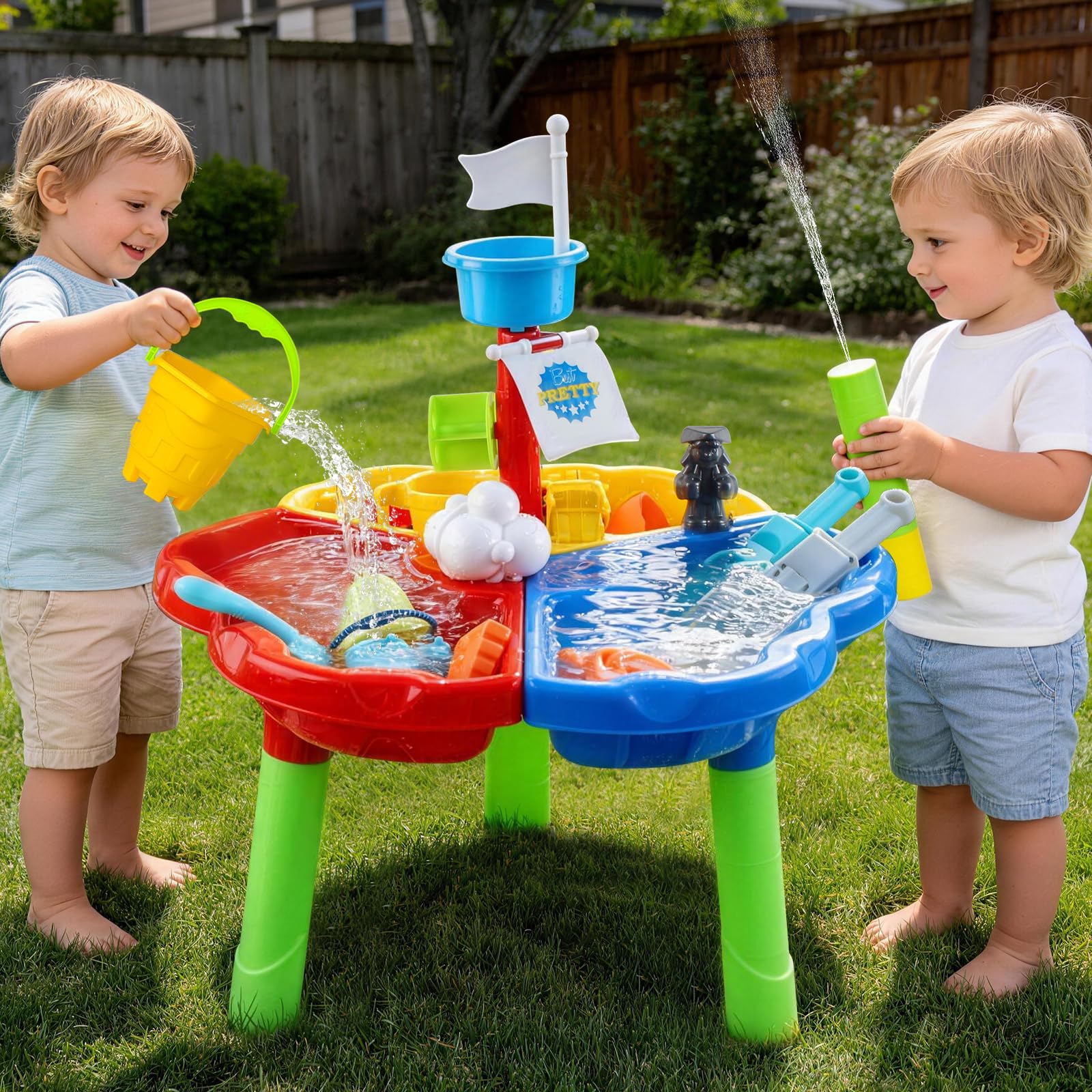 deAO Mesa de Agua y Arena Mesita Infantil para Juegos y Actividades Infantiles al Exterior Incluye Accesorios y Moldes con Diseño Multicolor