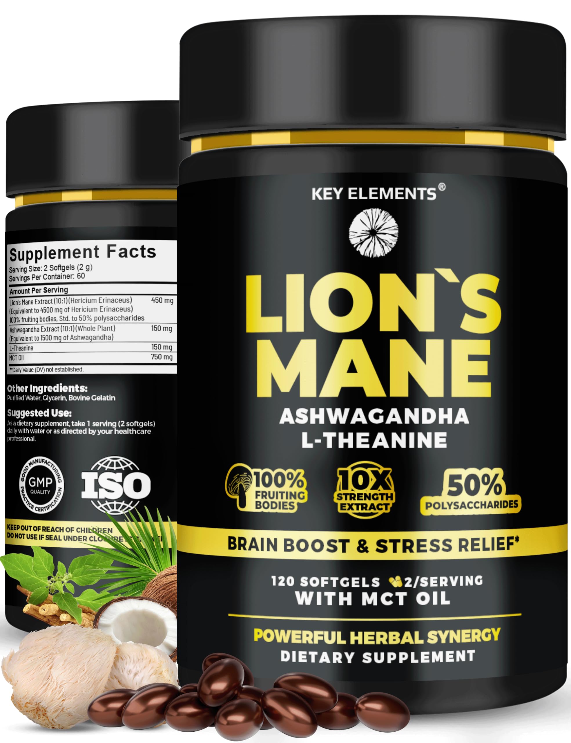 Organic Lions Mane Supplement Capsules with MCT Oil for Focus 120 PCs
