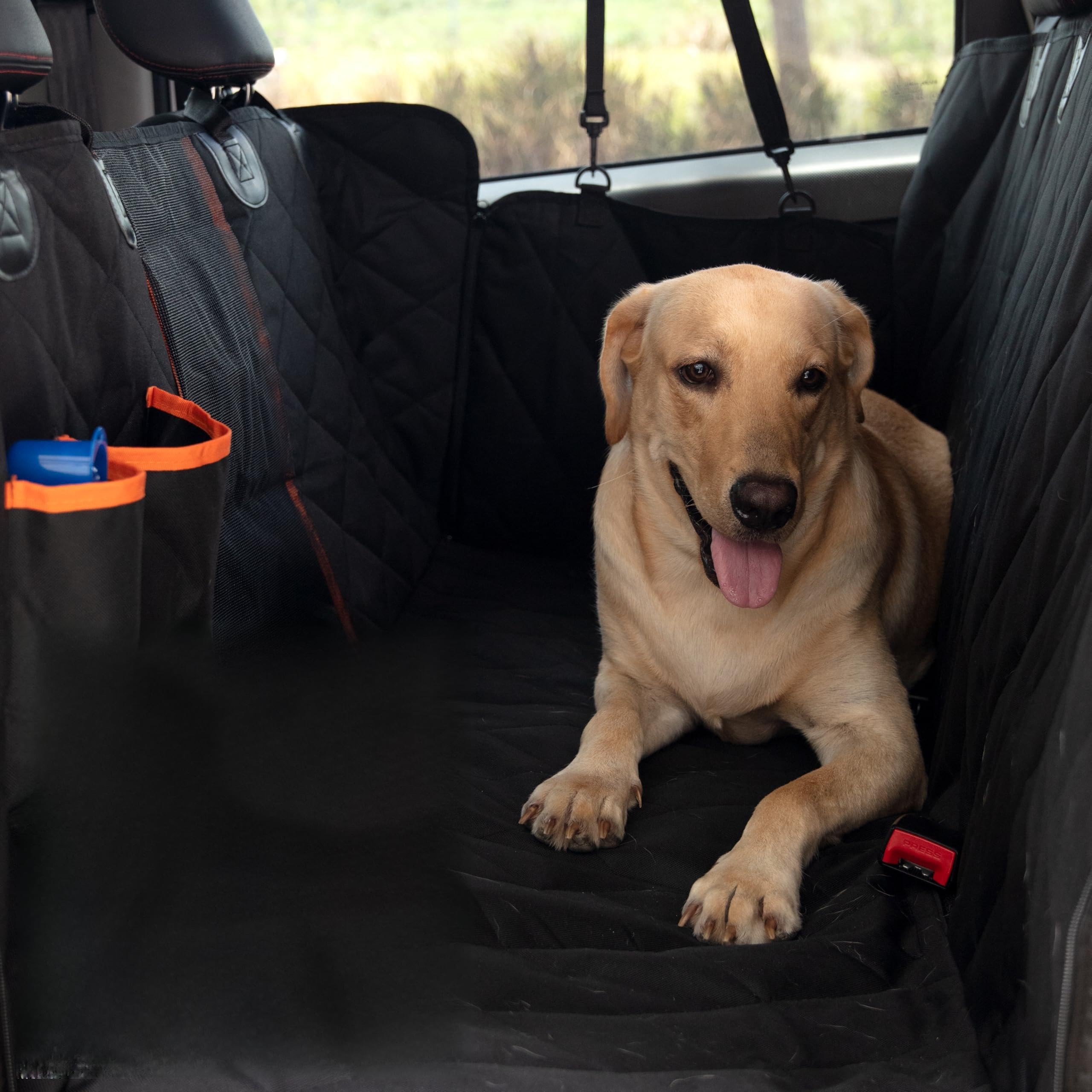 ASHLEY MADDEN Dog Car Seat Cover for Back Seat | 100% Waterproof Dog Car Hammock | Heavy Duty Nonslip Pet Seat Cover with Mesh Window & Storage | SUV | Truck | Flexible Bottom