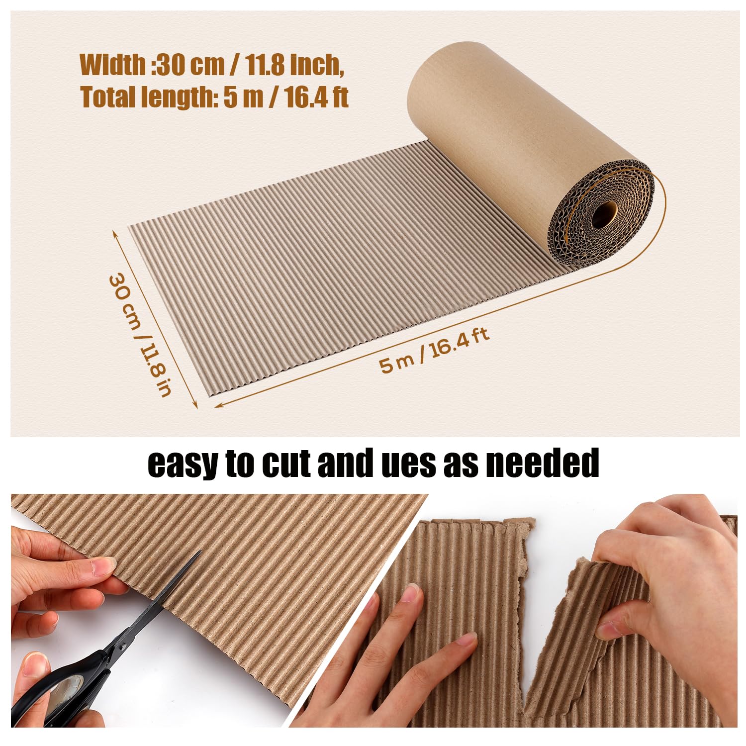 PEUTIER Rollo de Cartón Corrugado de Una Sola Cara Con Flauta B, 30 cm x 5 m, Para Embalaje, Almacenamiento y Envío