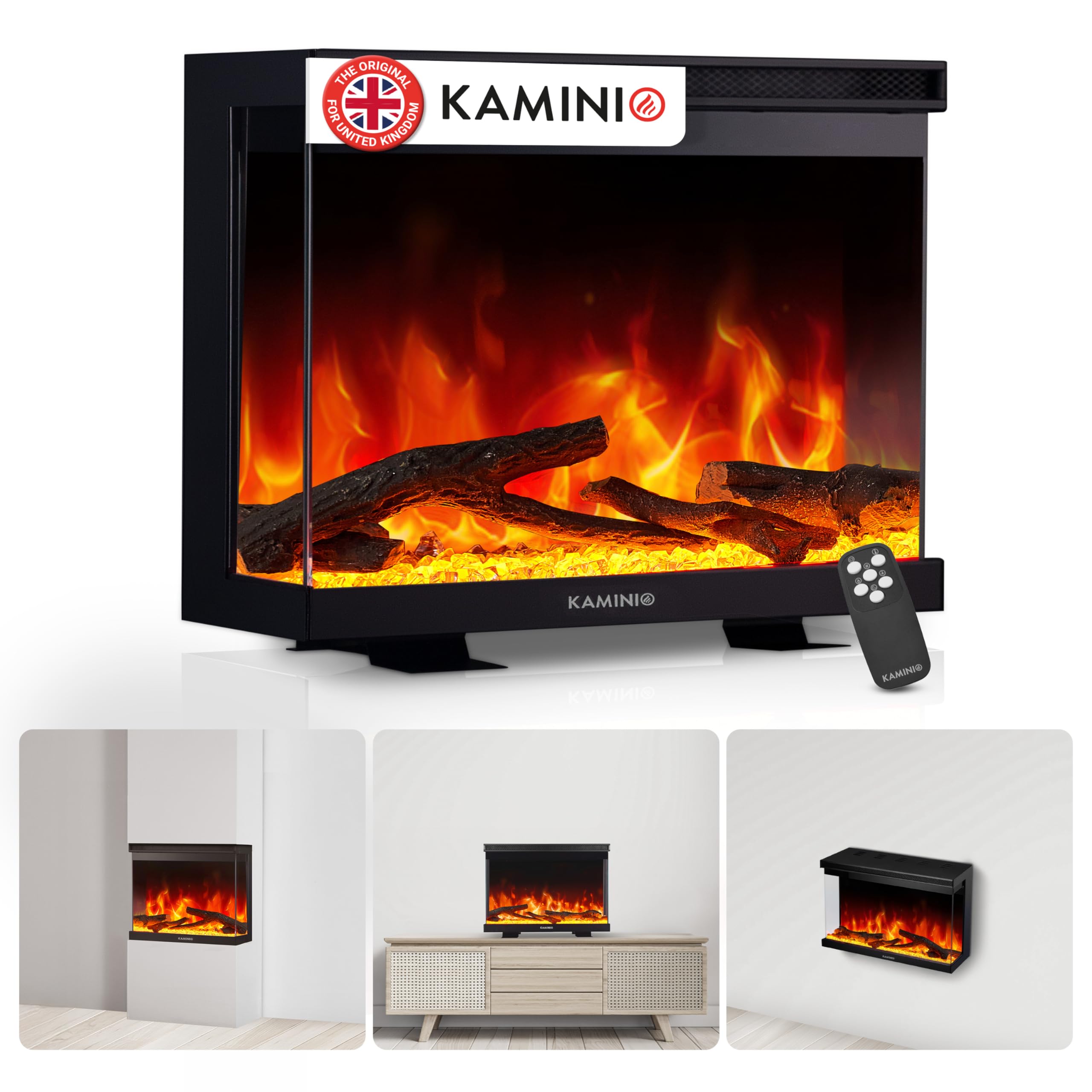 KAMINIO Electric Fireplace LEA - Electric 3-in-1 Fireplace with Panoramic View, Heater, 3D Flame Effect, 12 Flame Colors, Remote Control (30 inch)