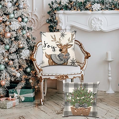 Miniatura 6 de Juego de 4 fundas de almohada de Navidad de 20 x 20 pulgadas, decoraciones navideñas de granja, decoración de Navidad, guantes de reno, árbol,