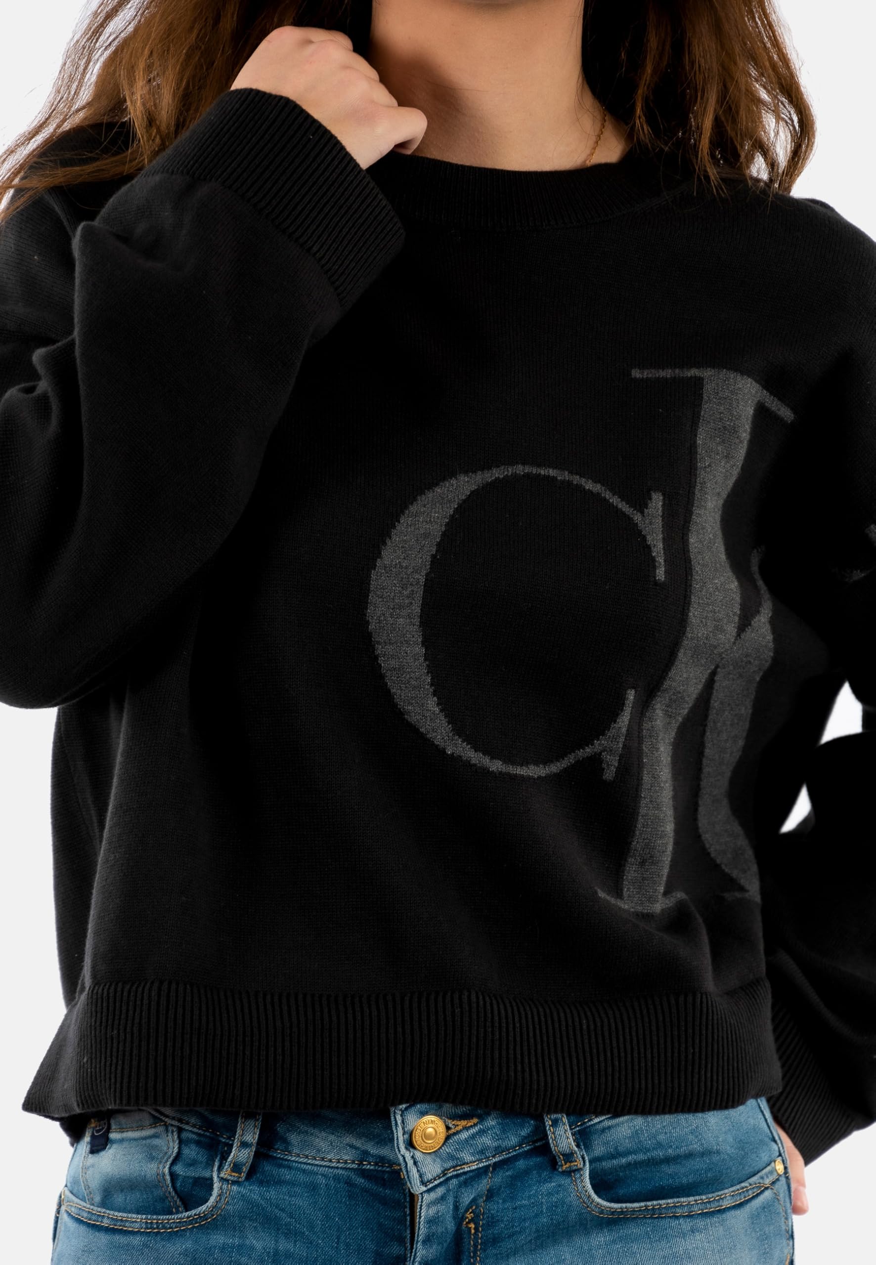 Calvin Klein Damen Long Sleeve Smooth Cotton Ck Jac Lv047e304g Pullover