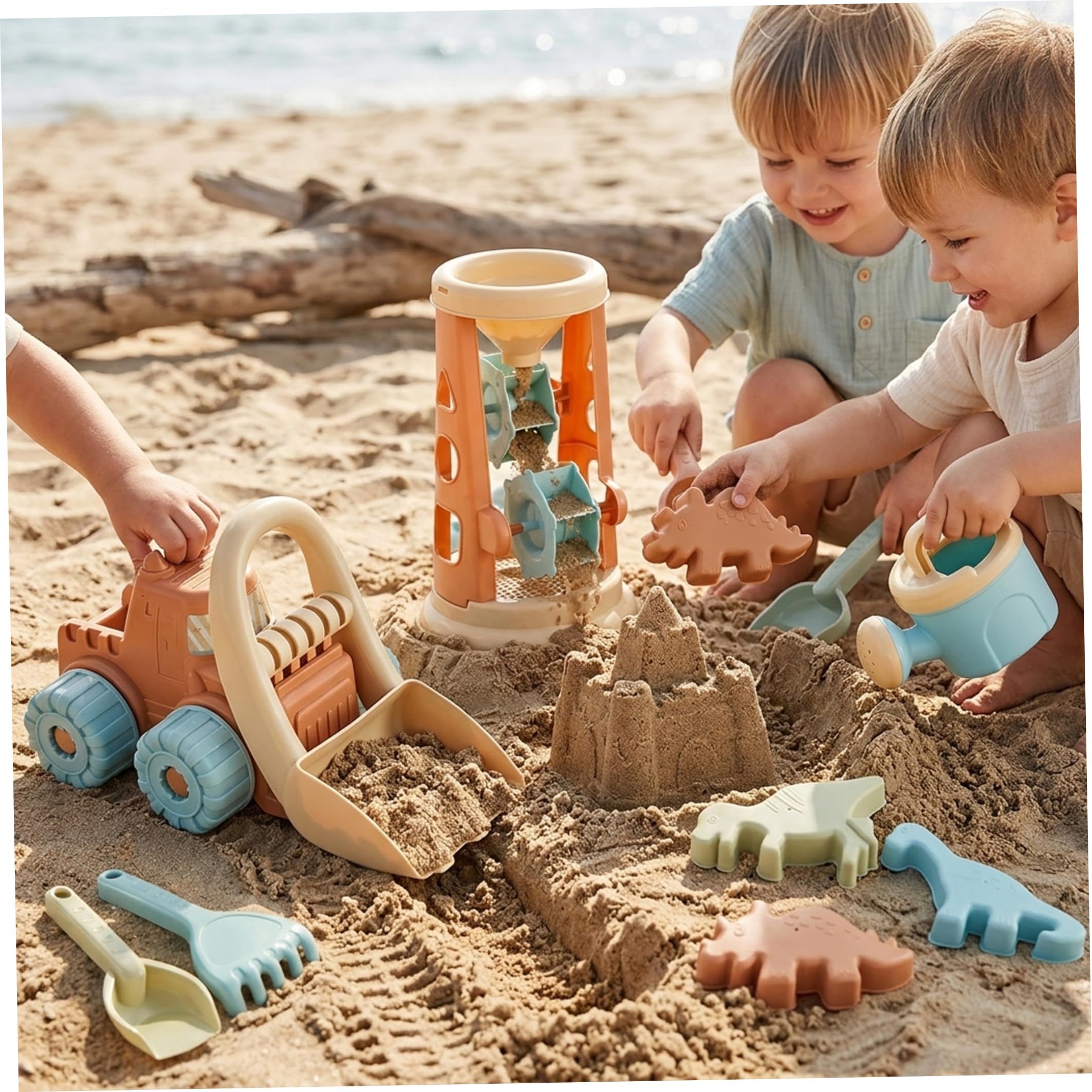 Jouets de boîte à Sable 19 pièces, Ensemble de Jouets Sable, Jouet Plage idéal pour Les Tout-Petits 1 3 avec Chariot, moules en sablier, pelles Couleur Chameau