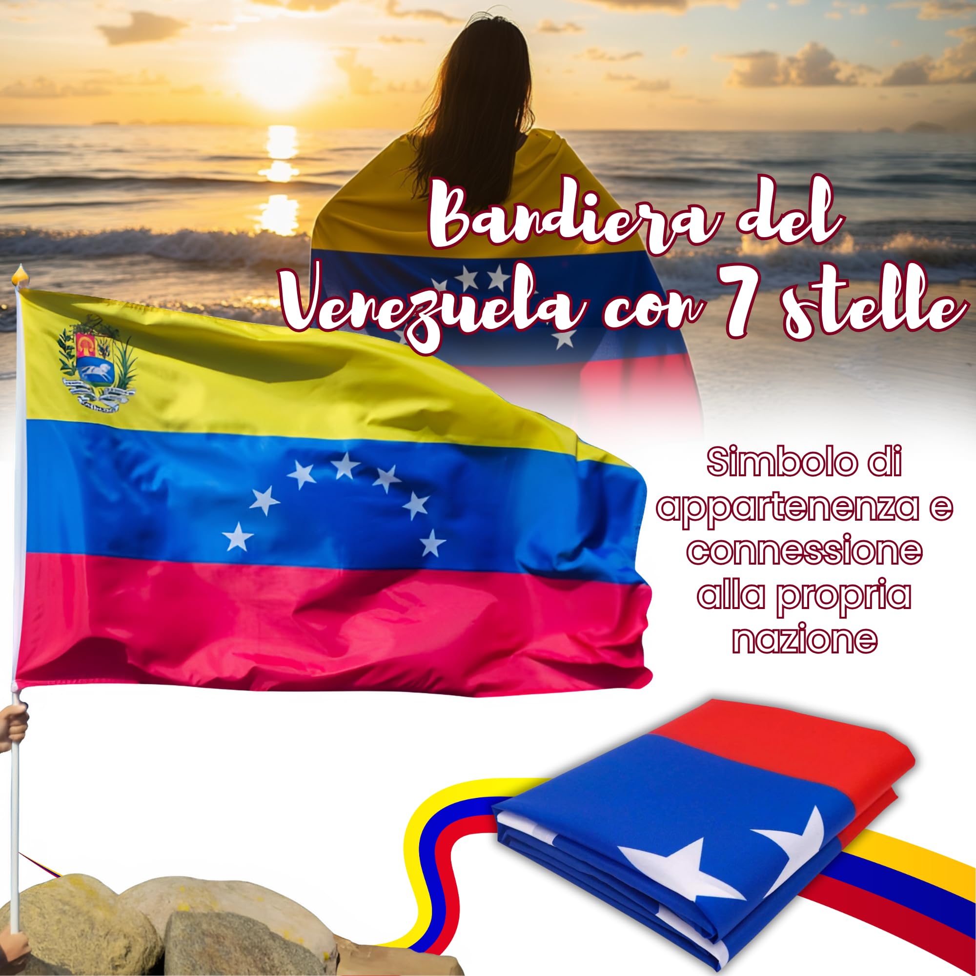 Set Completo Venezuela Storico 1954-2006 – Bandiera 90x150 Cm Con 7 Stelle E Scudo, Berretto Nero, Bracciale E Tula Di Cotone