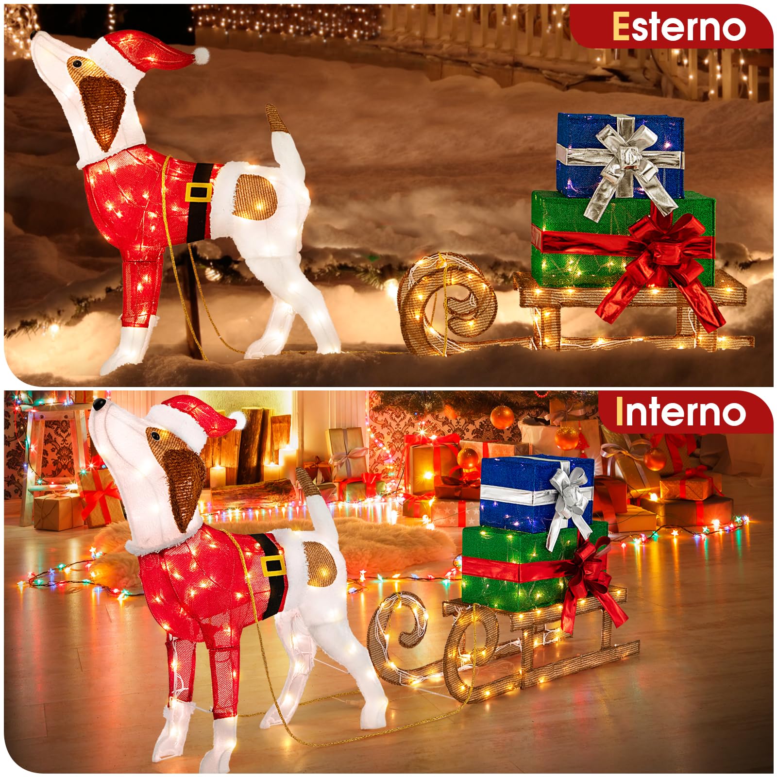 COSTWAY Decorazioni Natalizie Illuminate di Cane e Slitta, Luci Natalizie a Forma di Cane da Esterno Interno, Decorazione Natalizia Festosa con 170 Luci LED per Giardino e il Cortile