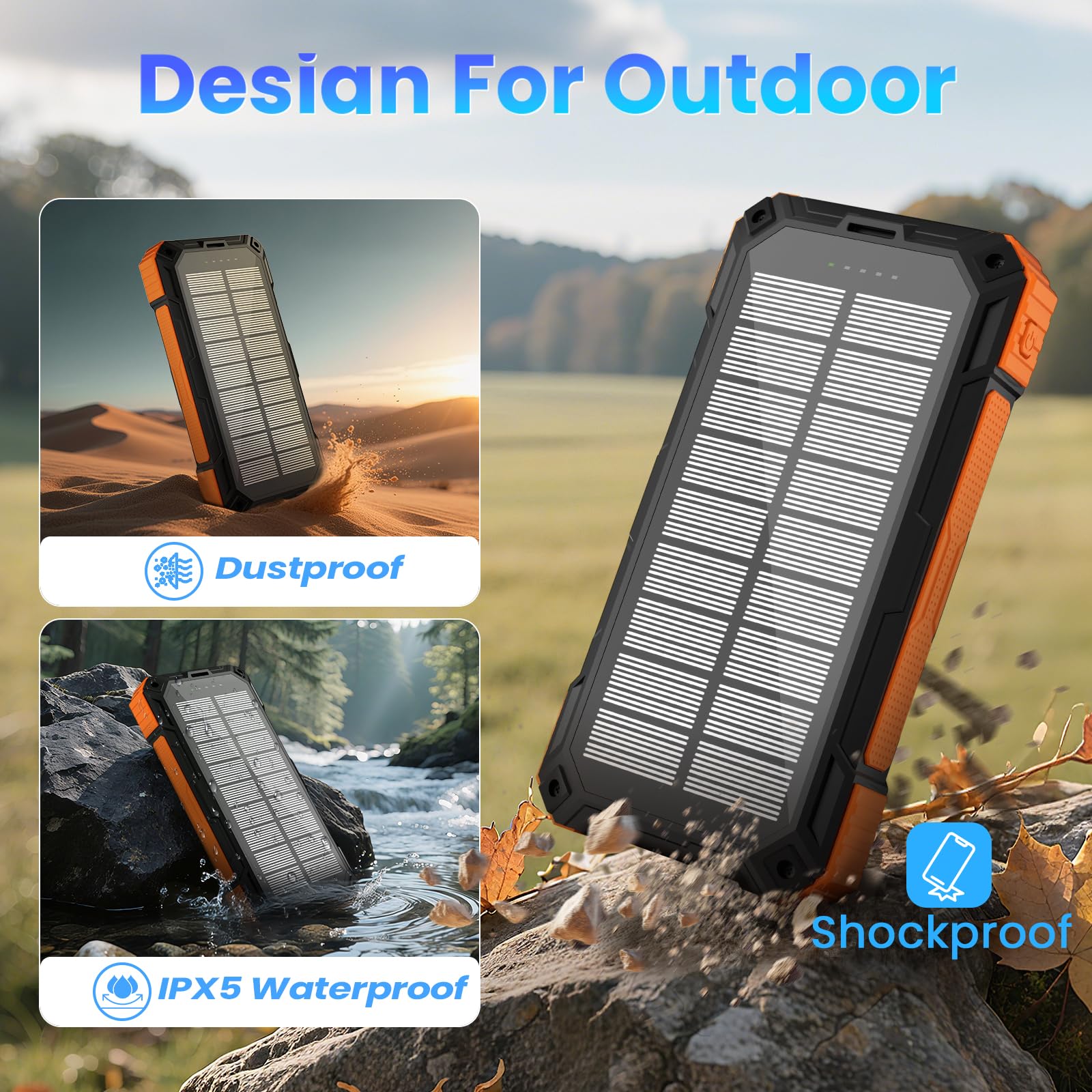 Solar Power Bank 49800 mAh - Caricabatterie portatile wireless 15 W Ricarica rapida con 4 cavi integrati. Dotato di una potente torcia, IP65, power bank impermeabile per esterni, perfetto per