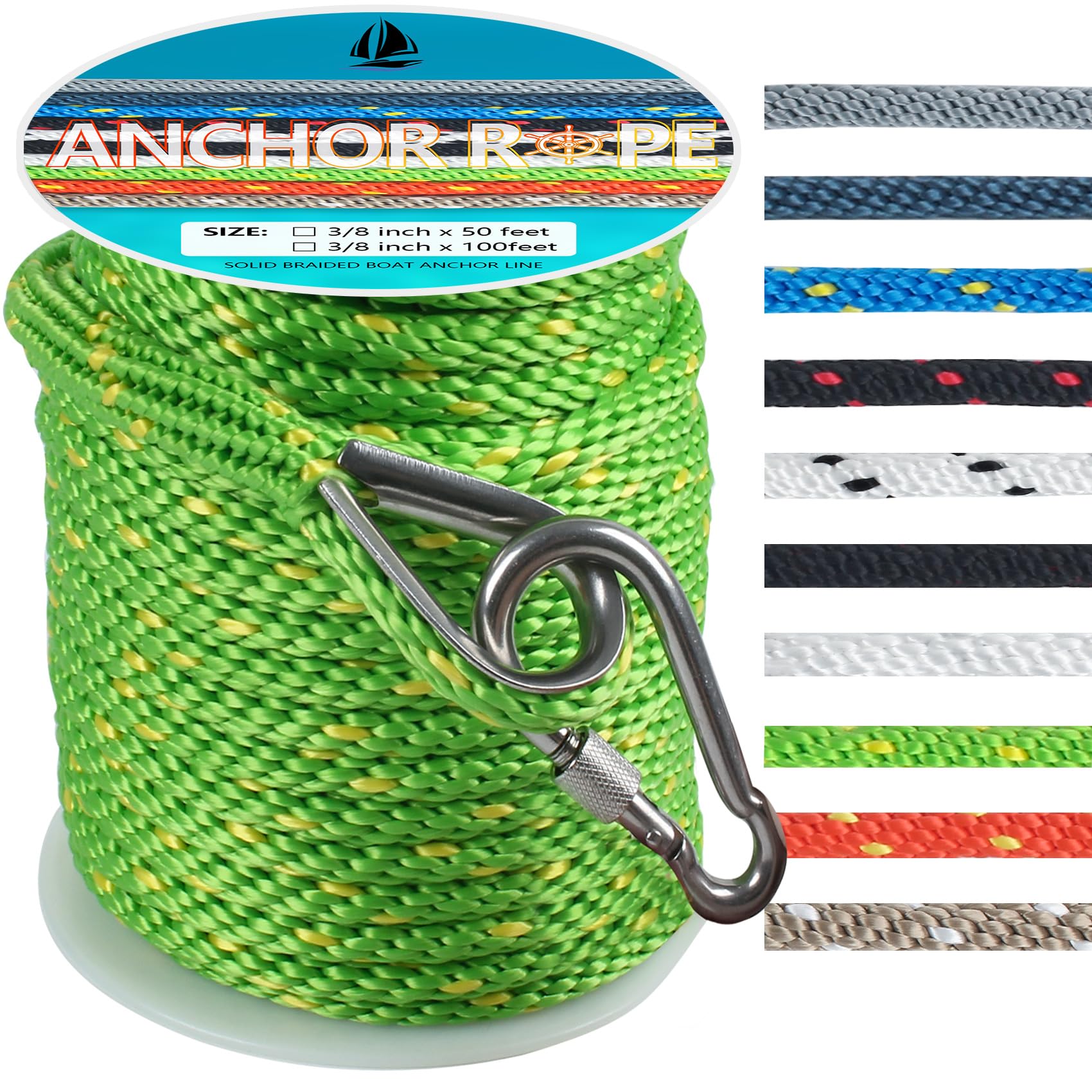 3/8 Inch 100 FT Anchor Rope, Boat Anchor Rope Solid Braid MFP, Anchor Line with 316 Stainless Steel Thimble and Snap Hook - Green & Yellow