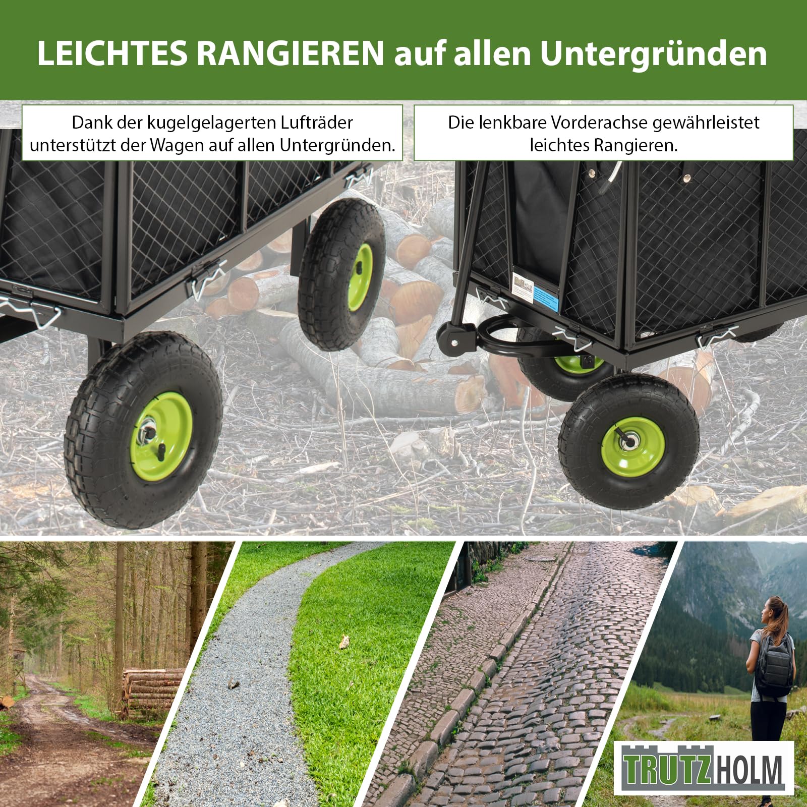 TRUTZHOLM Bollerwagen herausnehmbare Plane bis 550kg belastbar Handwagen Gitterwagen Gartenwagen Transportwagen | mit Rasentraktorkupplung an der Deichsel oder Handgriff gepolstert