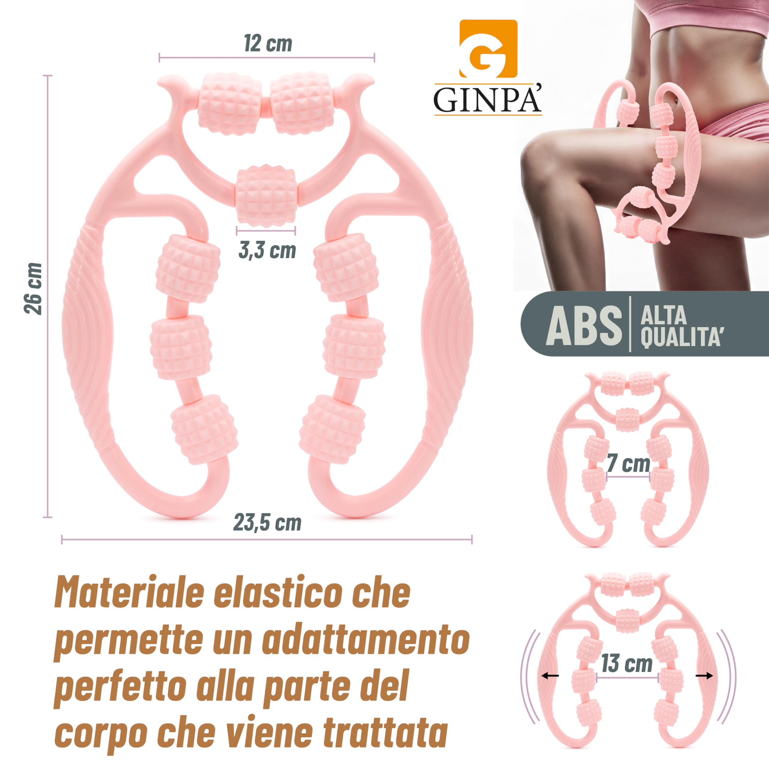 Rullo Anticellulite Manuale a 9 Ruote GINPA' – E-Book incluso - Massaggiatore Gambe, Cosce e Glutei – Massaggio Muscolare Profondo – Forma Ergonomica in ABS Resistente – Anti-Lividi, Facile da Usare