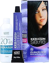 Coloração permanente em creme para cabelos, Com cistina e óleo de macadâmia, Selfie, 50g, Keraton, Nº 2.0 Preto Azulado