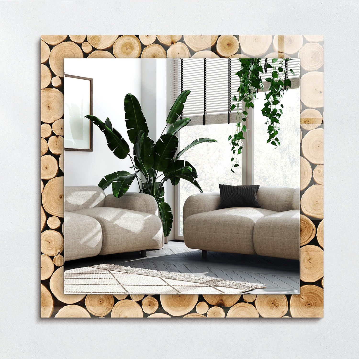 Miroir imprime 60x60 cm decoration murale haut de gamme effet de bois moderne sans cadre