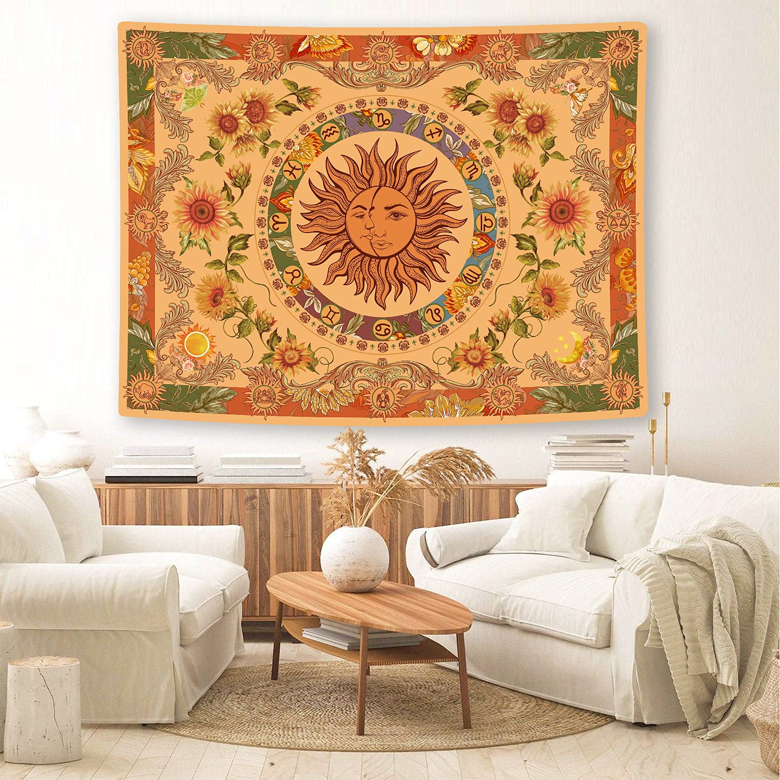 Accnicc Żółty gobelin ze słońcem i księżycem, vintage, indyjski, boho, wiszący gobelin ścienny ze słonecznikami, motylami, konstelacją, estetyczne gobeliny ścienne do sypialni, akademika, salonu