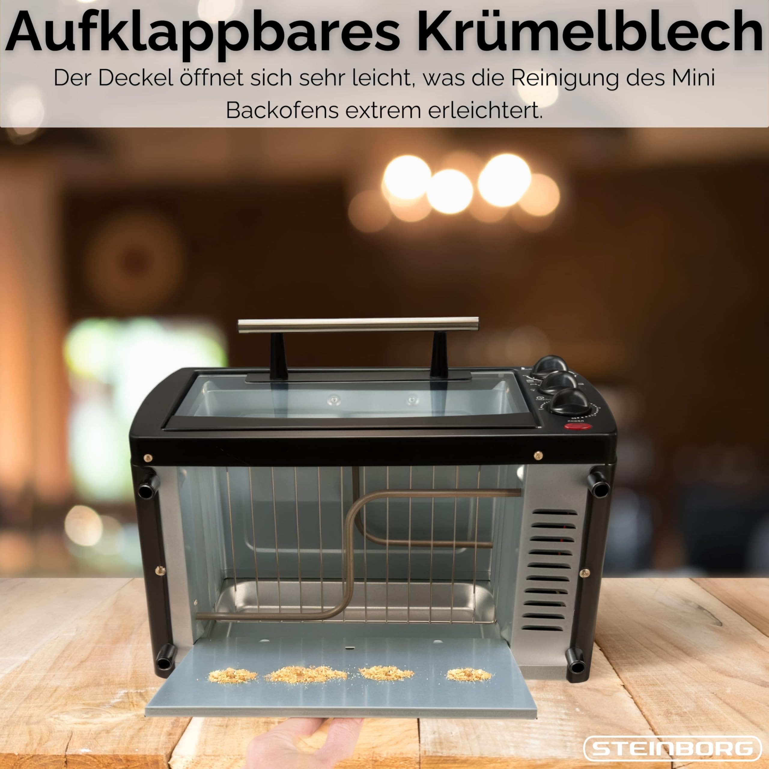 Steinborg Mini Backofen 13 Liter | Pizzaofen | 60°-250°C | Timer | aufklappbares Krümelblech | Minibackofen | Backofen | Kleiner Backofen | 900 Watt