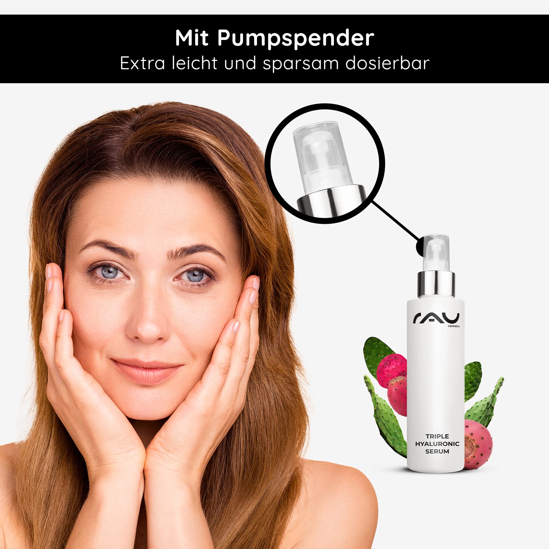 RAU Cosmetics Triple Hyaluronic Serum 100 ml - Intensiv Feuchtigkeitsserum mit Dreifach-Hyaluronsäure, Feigenkaktus & Panthenol - Anti-Aging Gesichtsserum für Aufpolsterung und Glow
