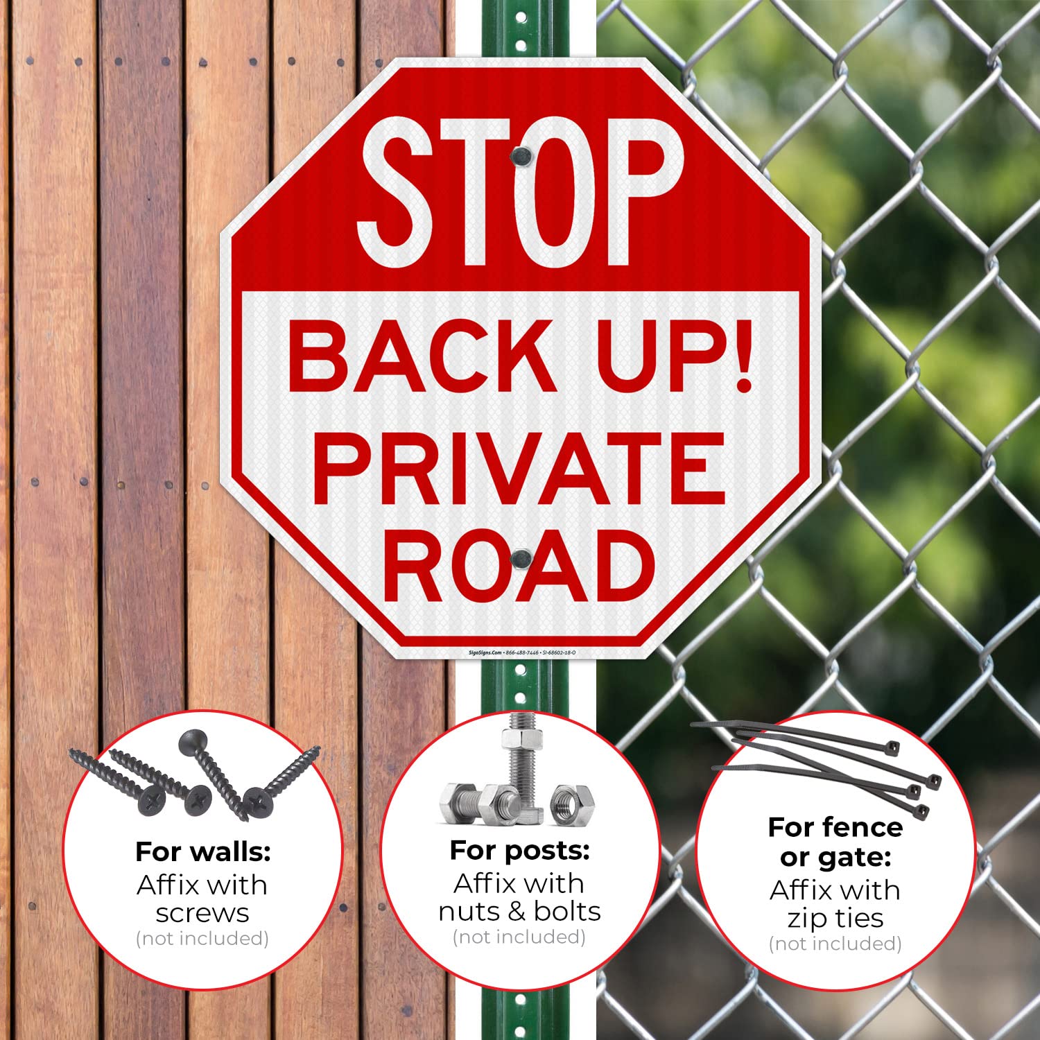 Stop Back Up Private Road Sign, 18x18 Inches, 3M EGP Reflective .063 Aluminum, Fade Resistant, Made in USA