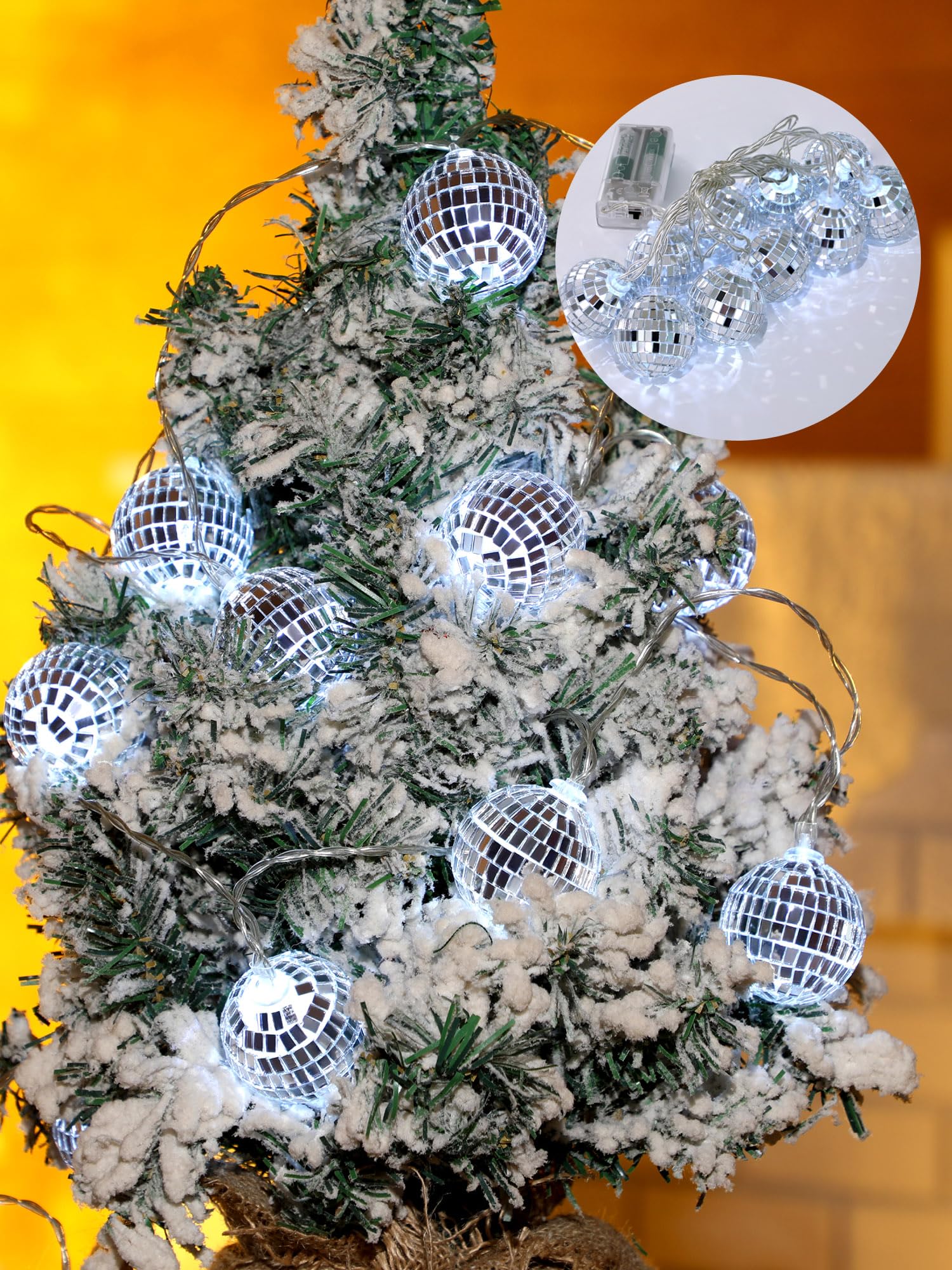 BBTO 10 LED 9.84 Feet Long Disco Ball String Light Battery Powered Mirror Balls Ornaments for Outside Backyard Porch 70s 80s Disco Party Supplies(Silver White,1.57 Inch)