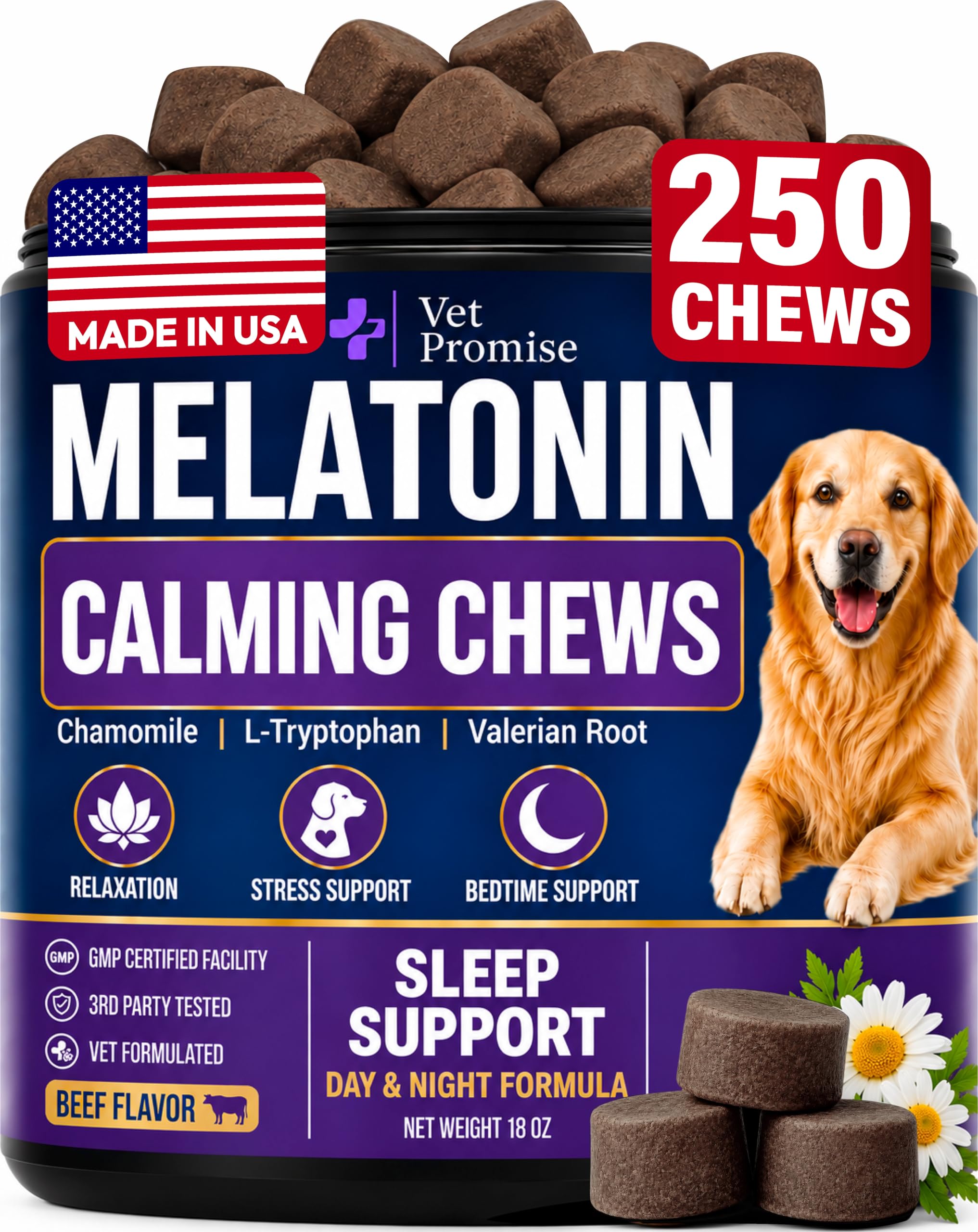 Melatonin for Dogs - 250 Chews - Dog Melatonin Chews for Large & Small Dogs