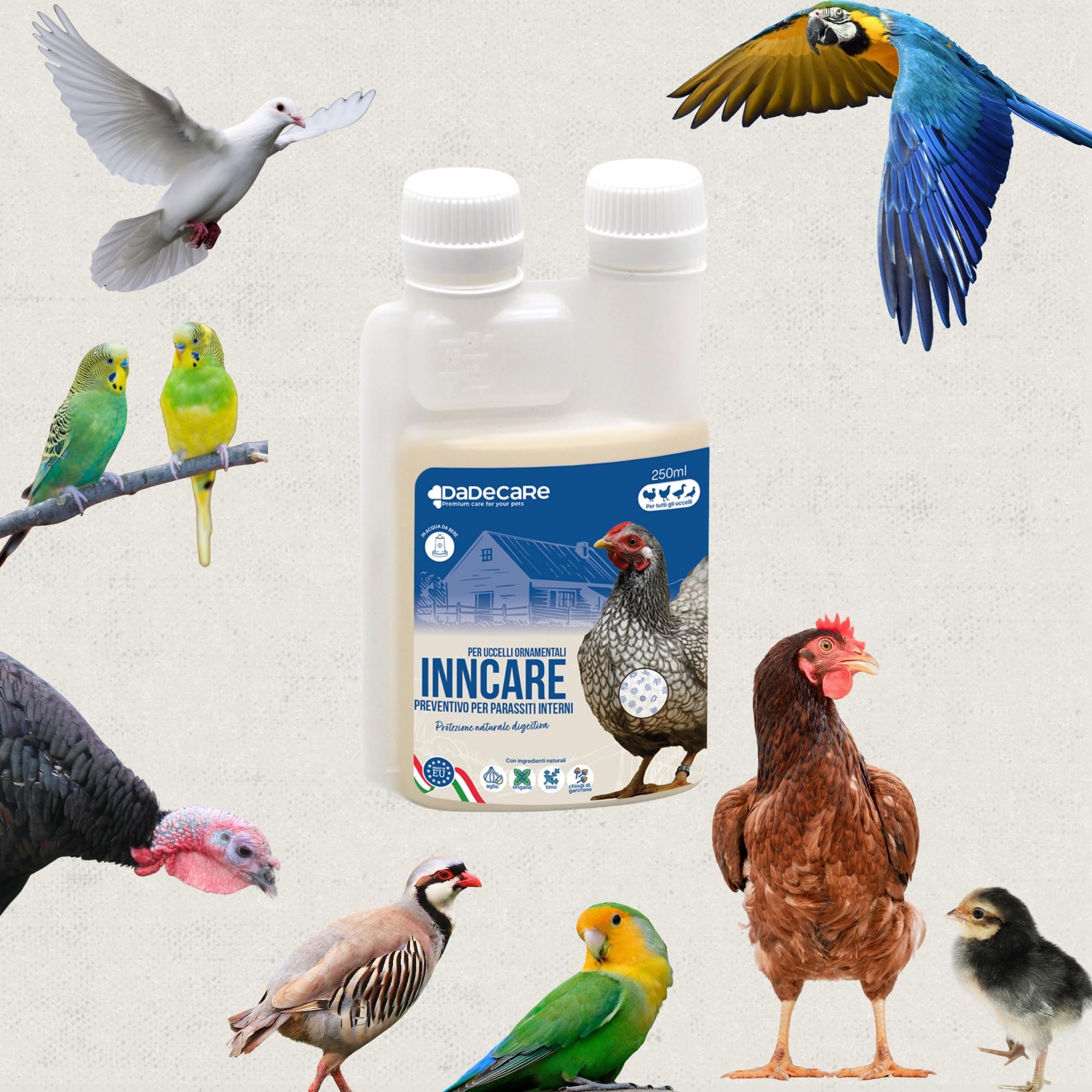 Preventivo Parassiti Interni Naturale 250 ml - Polli, Pollame ed Esotici - Previene e Tratta Problemi digestivi - Formula Naturale - Estratto di Aglio e Oregano - Inncare