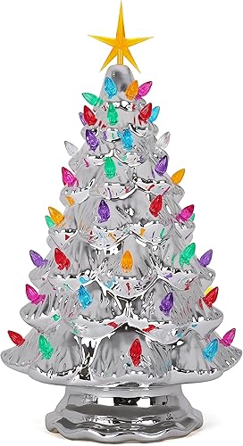 Miniatura 4 de Árbol de Navidad de cerámica  Árbol de Navidad de mesa con luces  (árbol de Navidad plateado grande de 15.5 pulgadasluces multicolores)  Árbol de
