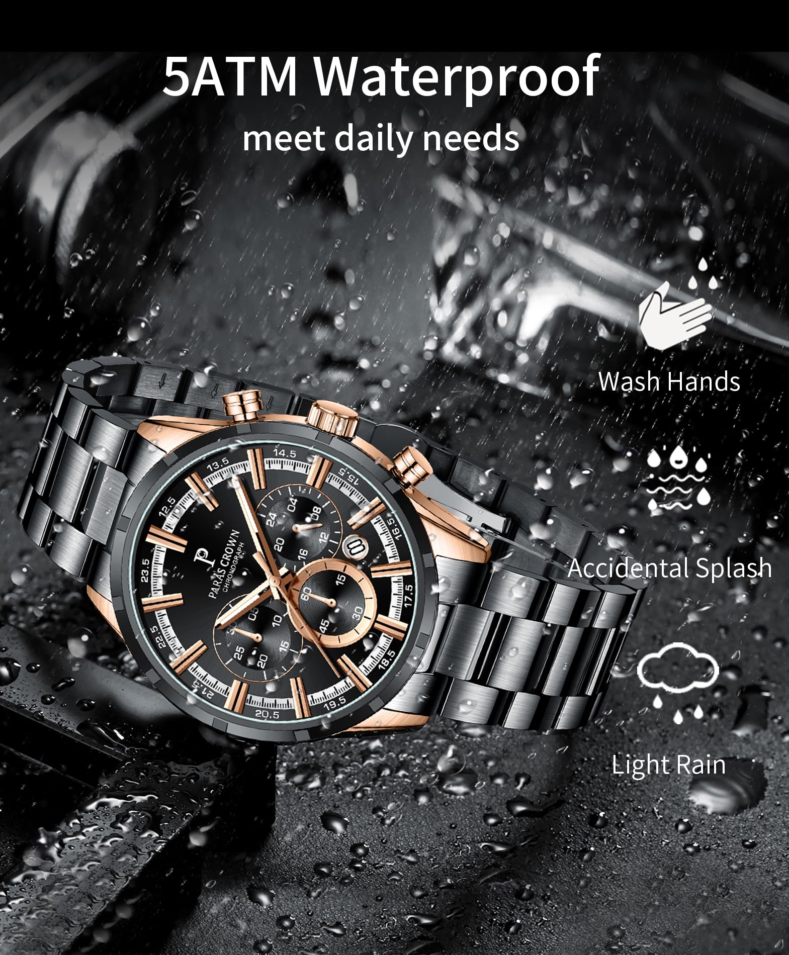 PC PARAS CROWN Orologio Uomo con Movimento al Quarzo Giapponese Cronografo Resistente all'Acqua 5 ATM Cassa in Acciaio Classico Elegante Orologio Cinturino in Silicone