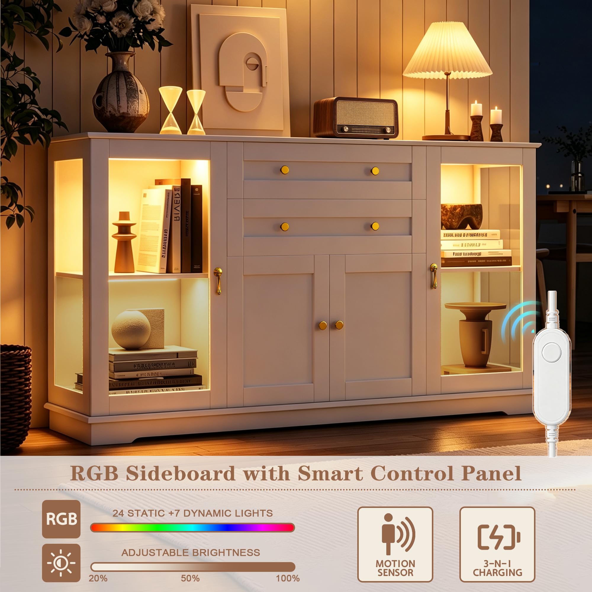 Sideboard mit RGB LED Beleuchtung 7 Dynamische Farben Fernbedienung, Breite Kommode 140cm Verstellbare Böden Metallgriffe, Vitrine 6 Ebenen Stauraum, Esszimmer Wohnzimmer, 40x140x86cm, Weiß