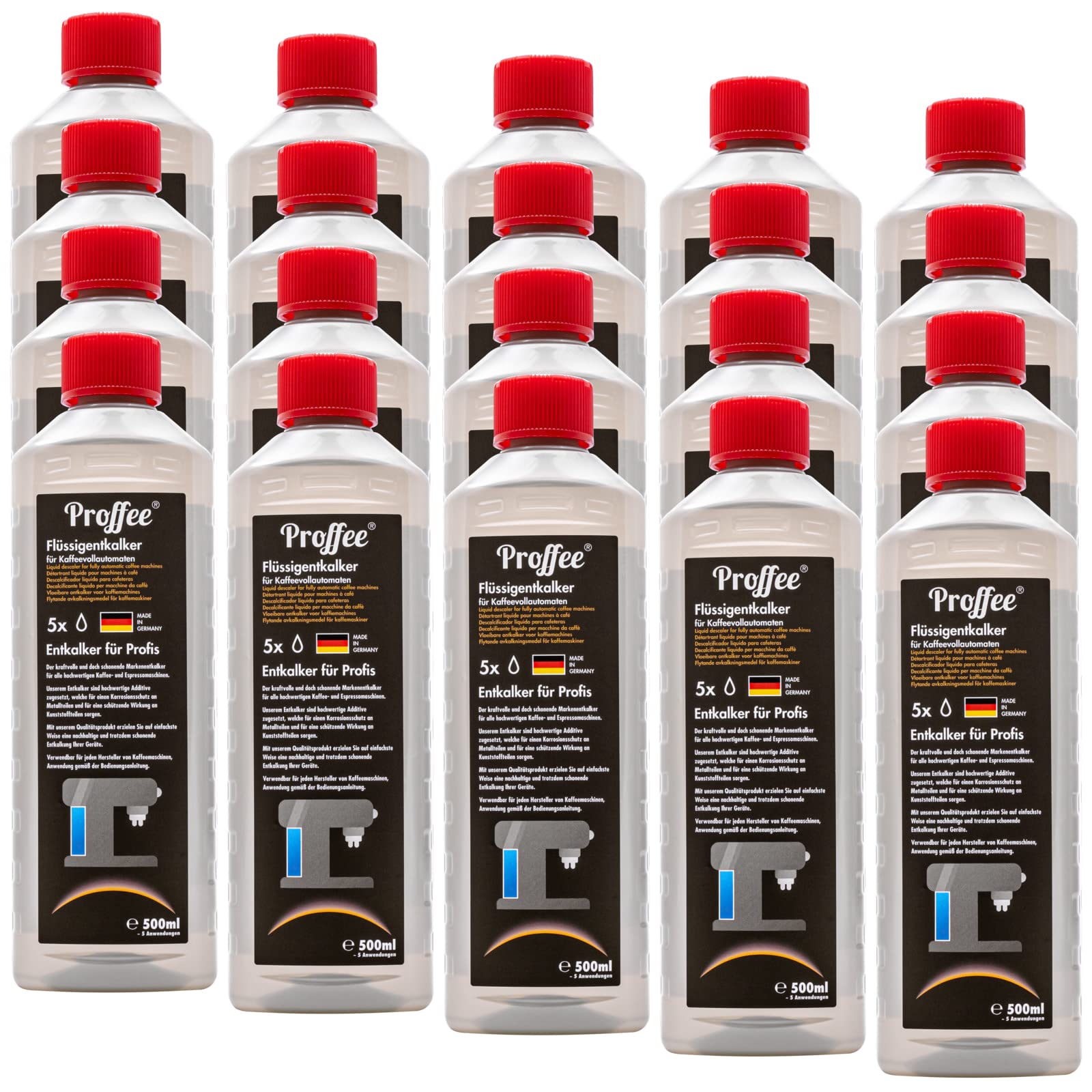 Proffee Entkalker | 20x 500ml flüssiges Konzentrat für Kaffeevollautomaten | Für Espresso- & Filterkaffeemaschinen, Wasserkocher & Teekocher; flüssiges Konzentrat | Made in Germany