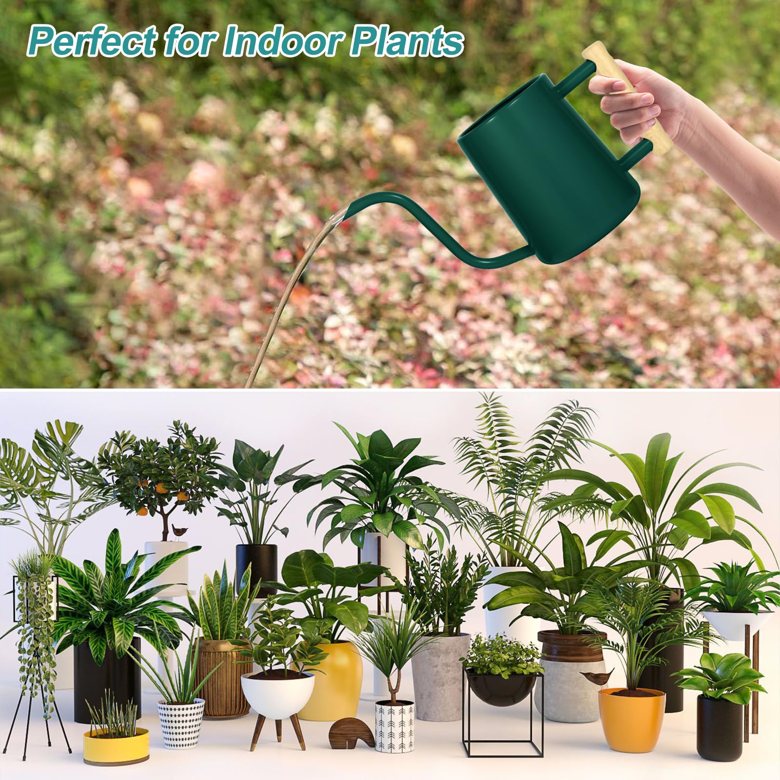 Gießkanne für Zimmerpflanzen, 1000 ml, Metall, Edelstahl, Gießkanne mit langem Auslauf für Zimmerpflanzen, Bonsai, Garten, Blumen, dekorativ, Alpinegreen