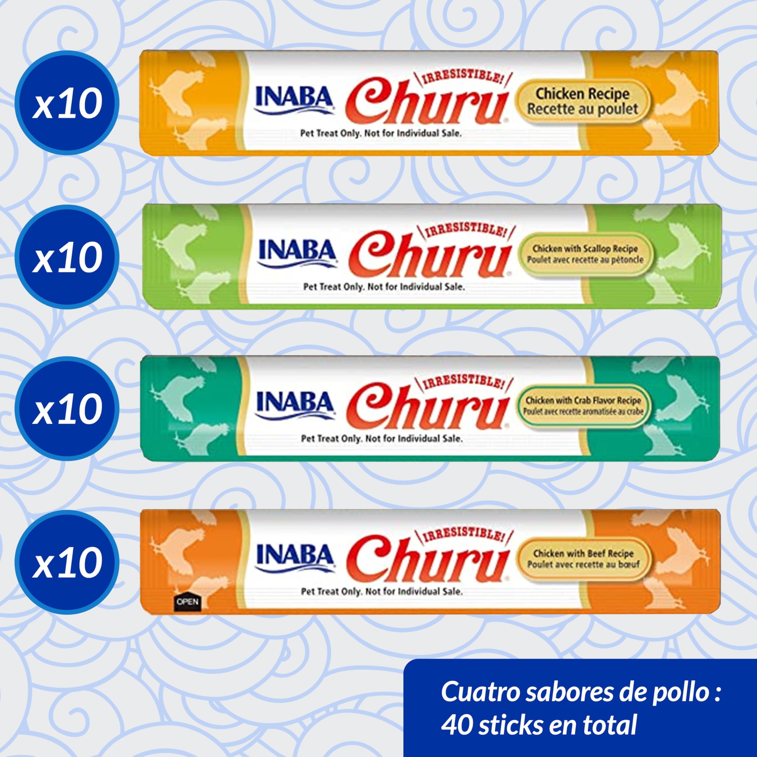 INABA Churu Gatos - 4 Recetas de Snacks Saludables a Base de Pollo - Deliciosos Premios con Textura Suave y Cremosa - Natural, Sin Cereales, Sin Conservantes, Sin Colorantes - 560g (40x14g)