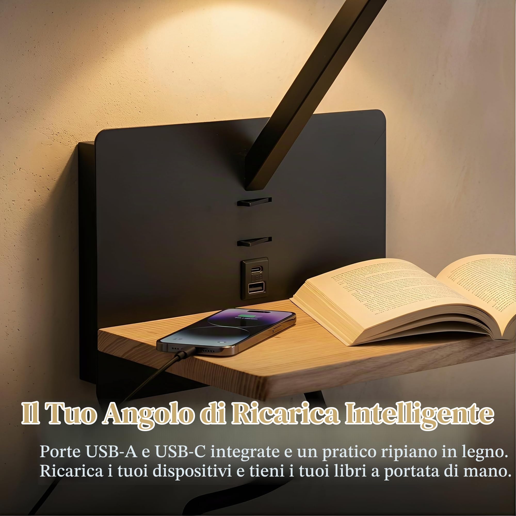 BARCELONA LED Applique da parete “Artin USB+USBC” con paralume E27, faretto LED orientabile 3W, mensola in legno e design moderno per camera da letto, testiera e hotel, Nero