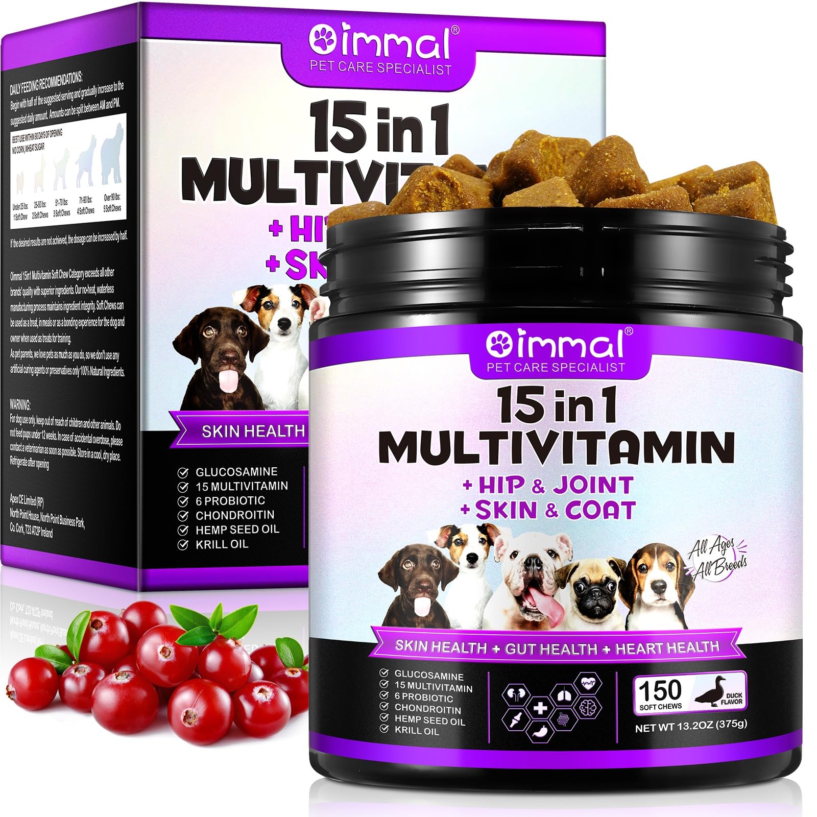 Multivitamínico 15 en 1 para perros - 150 snacks masticables con soporte para las articulaciones, salud digestiva, corazón, piel y pelo - Vitaminas para perros A, E, D3, B12 y minerales esenciales