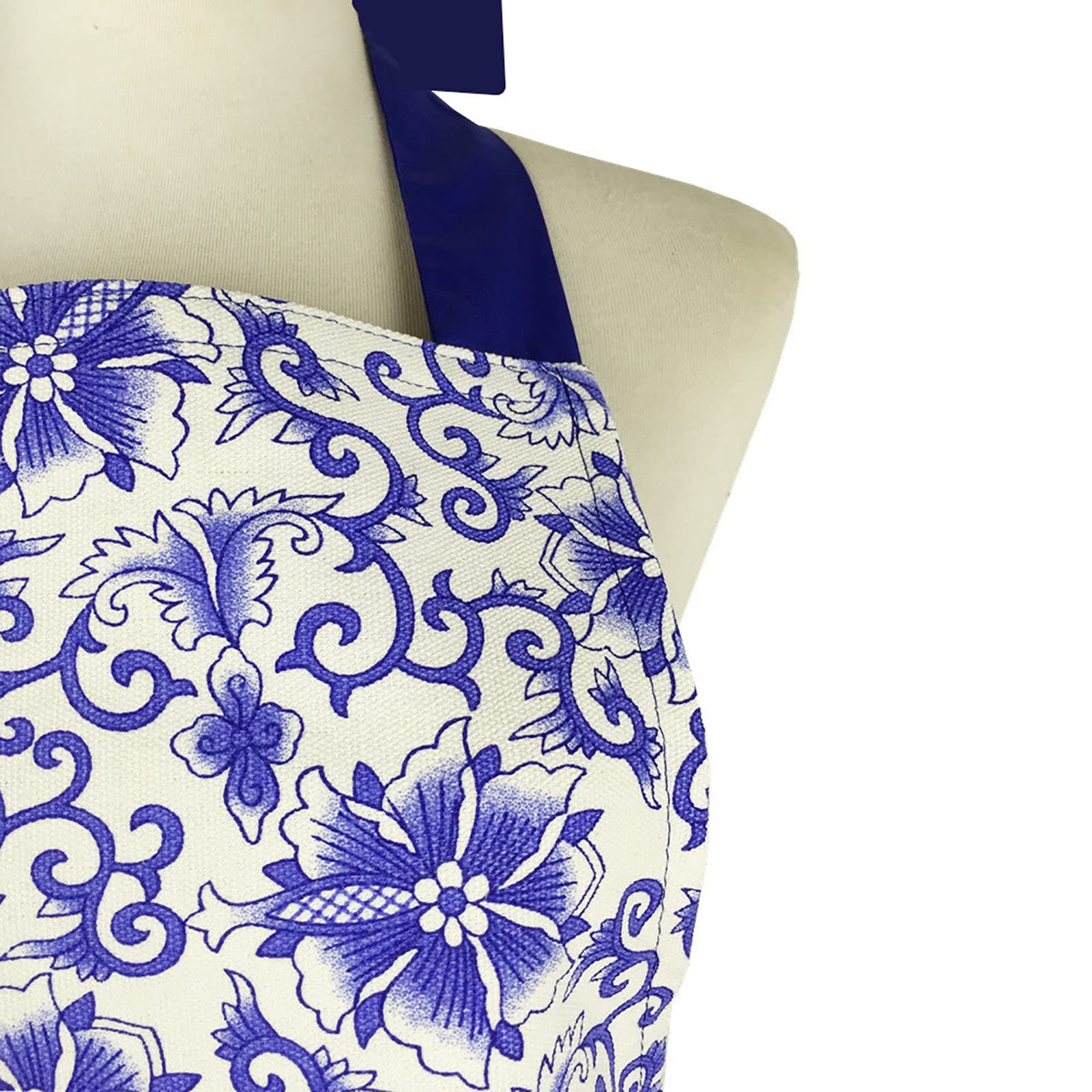 Jolis Tabliers Tablier en toile coton imprimé porcelaine bleu et blanc grand tablier à lacets de poche pour la Cuisine la Pâtisserie et le Jardinage