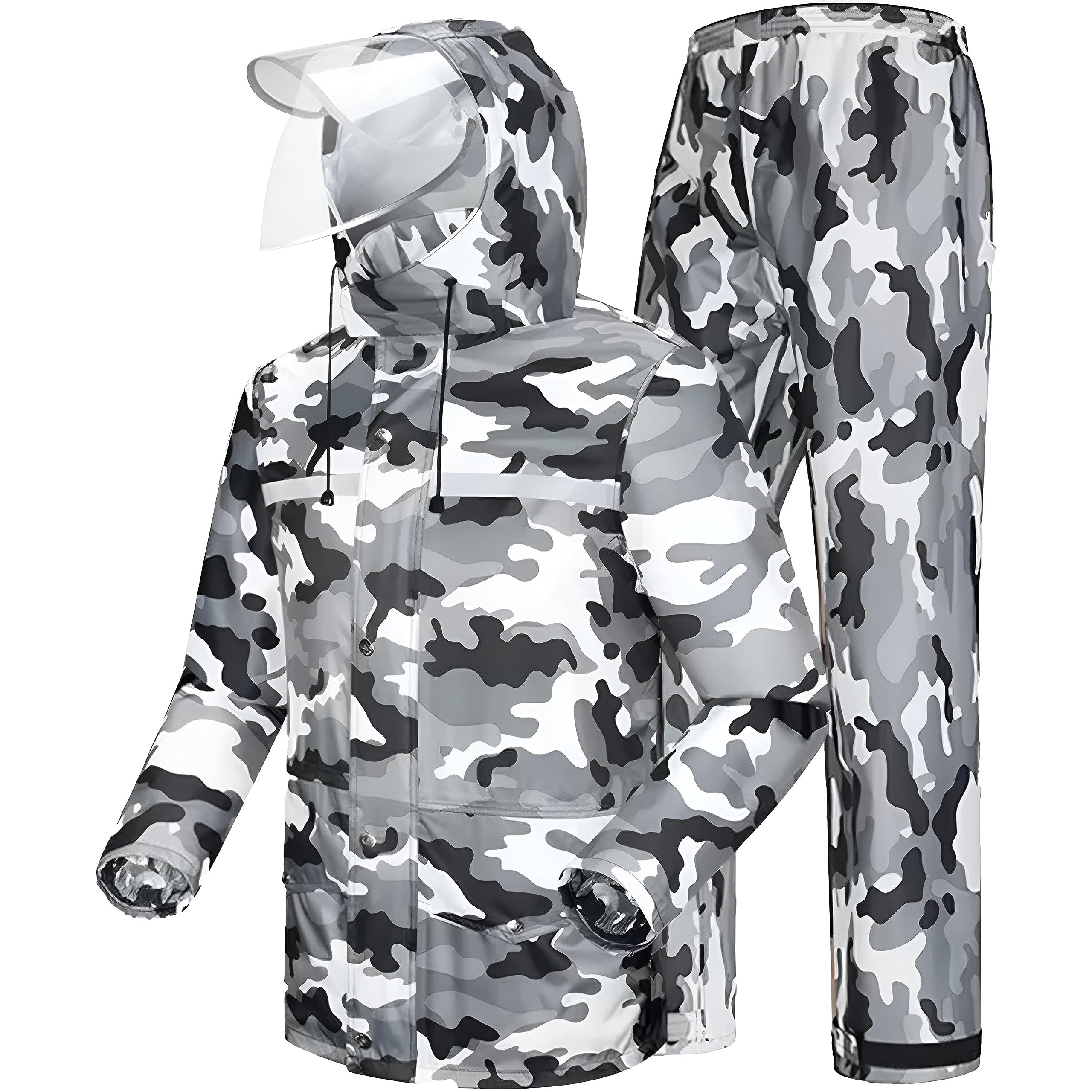 Pivalo Reusable 100% Air & Waterproof Unisex Raincoat Imported Seam Sealed Army Print Snow Suit Windcheater Transparent Face Shield & Detachable Hood for Bikers Hiking Traveling (Size- XXL, Grey)-image-9