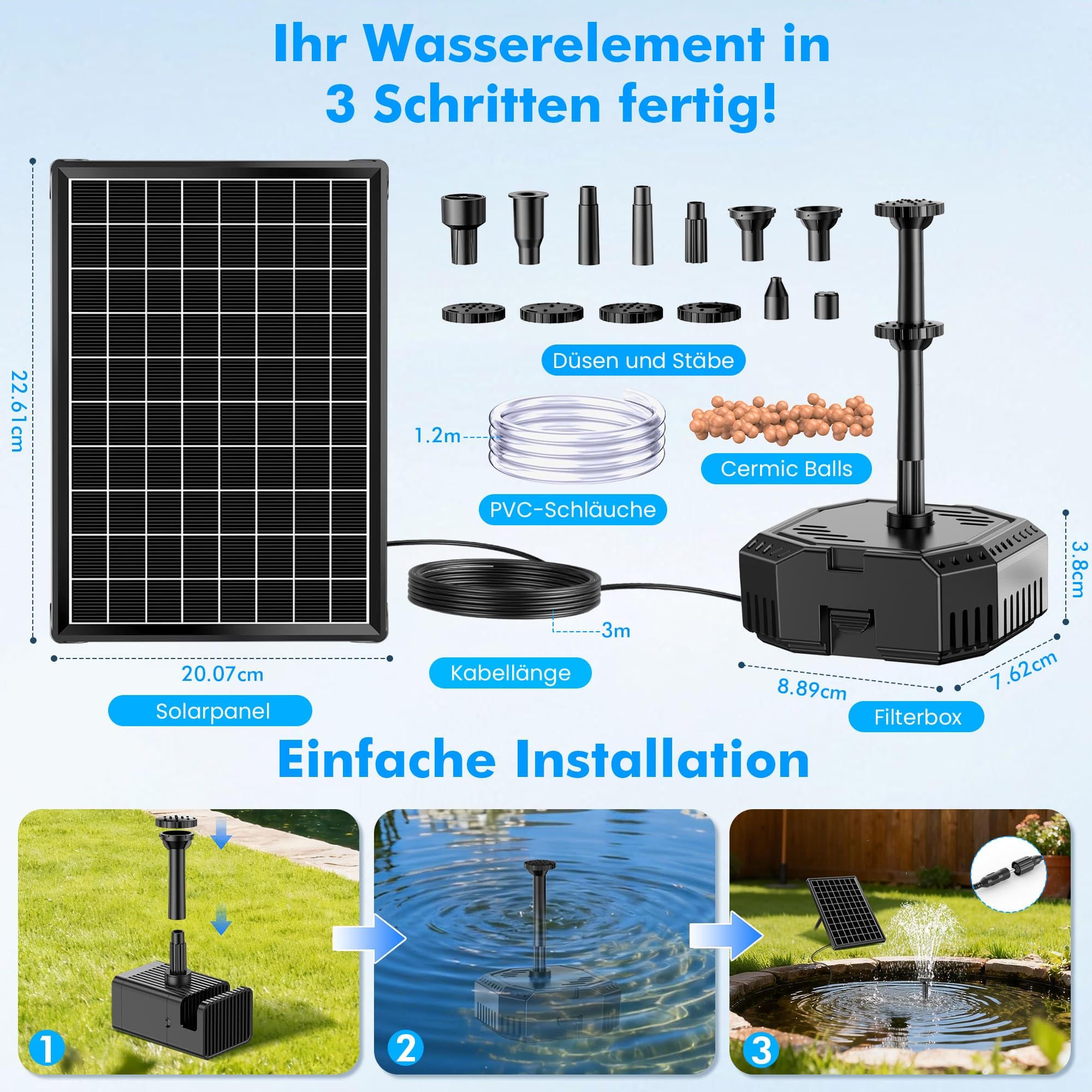 Biling Pompe à Eau Solaire 6W avec Batterie et 10 Buses pour Petit Étang jusqu'à 500L, Fontaine Solaire Extérieure