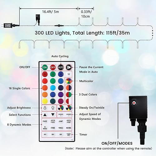 Miniatura 6 de Guirnalda de luces de Navidad que cambian de color, 300 luces LED de Navidad para exteriores con control remoto, tira de luces RGB enchufables,