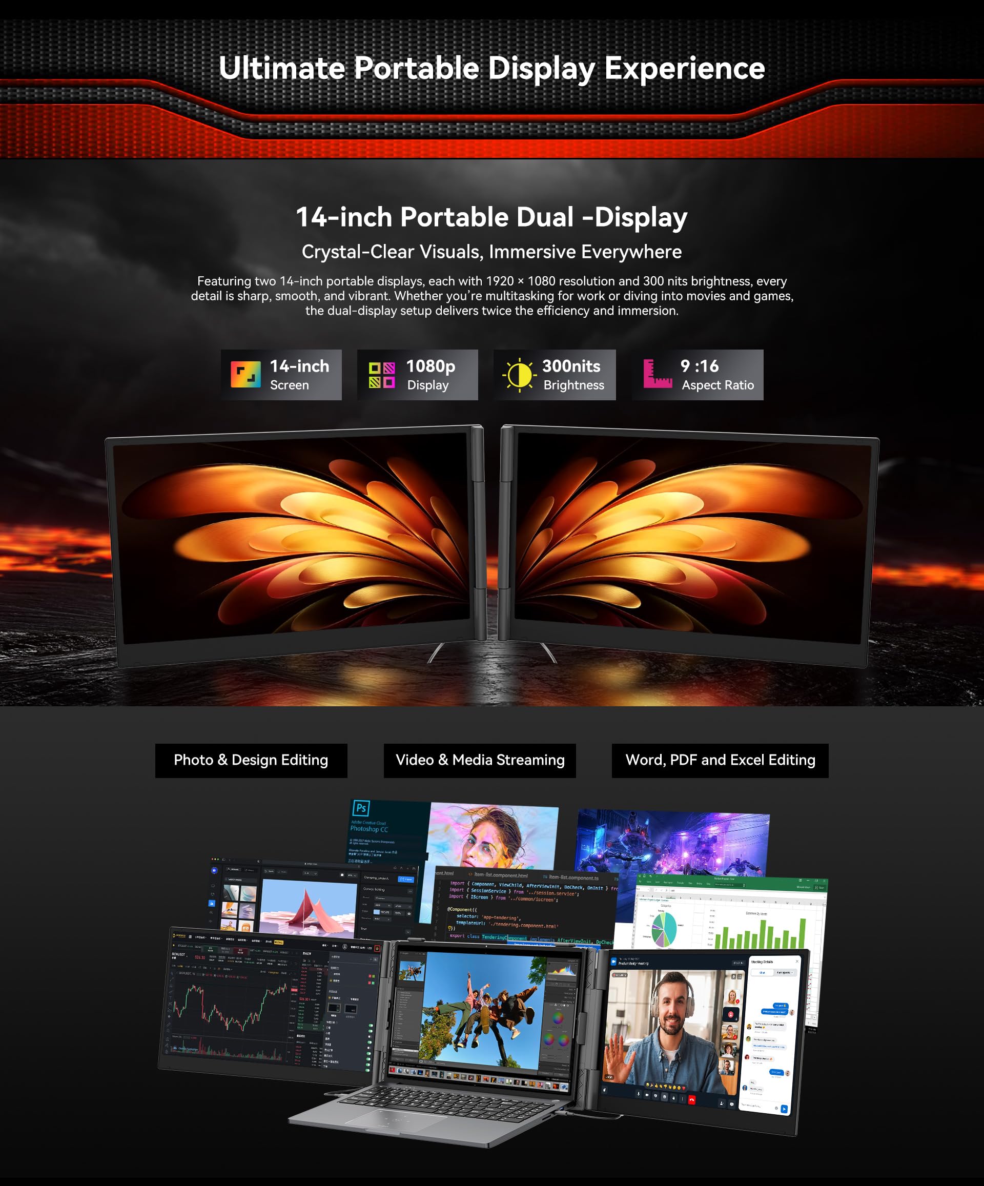 Blackview DCM6 | Tragbarer Dual-Monitor 2×14" FHD IPS | USB-C | Grau | 1080P IPS | Plug & Play | 300 Nits | 100W PD | USB-C | Windows/macOS/Android/Linux | 2 Jahre Garantie