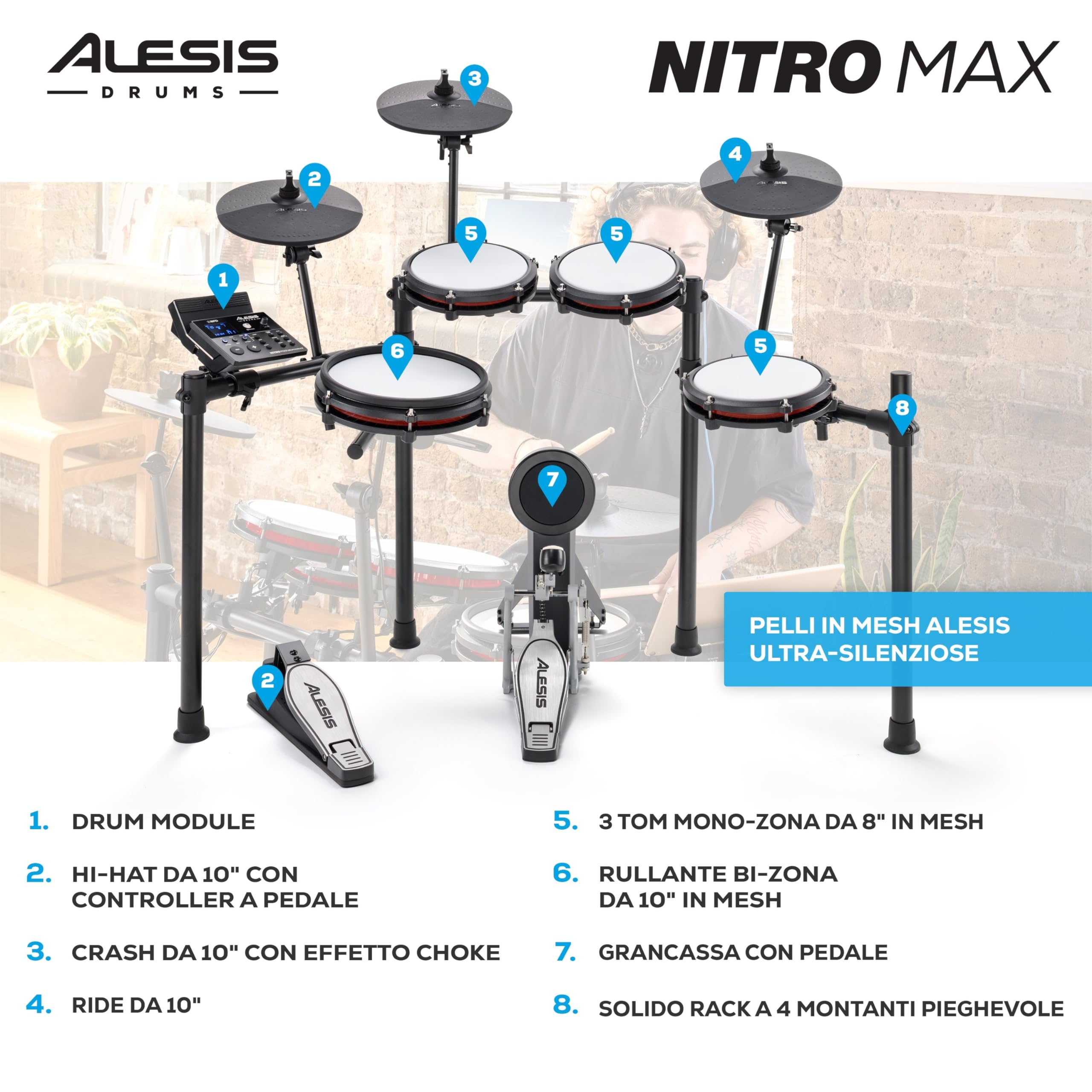 Alesis Nitro Max Batteria Elettronica con Pelli Mesh Silenziose, Rullante a Doppia Zona da 10", Bluetooth, 440+ Suoni Autentici, Drumeo, USB Midi, Pedale Grancassa, Sgabello e Cuffie